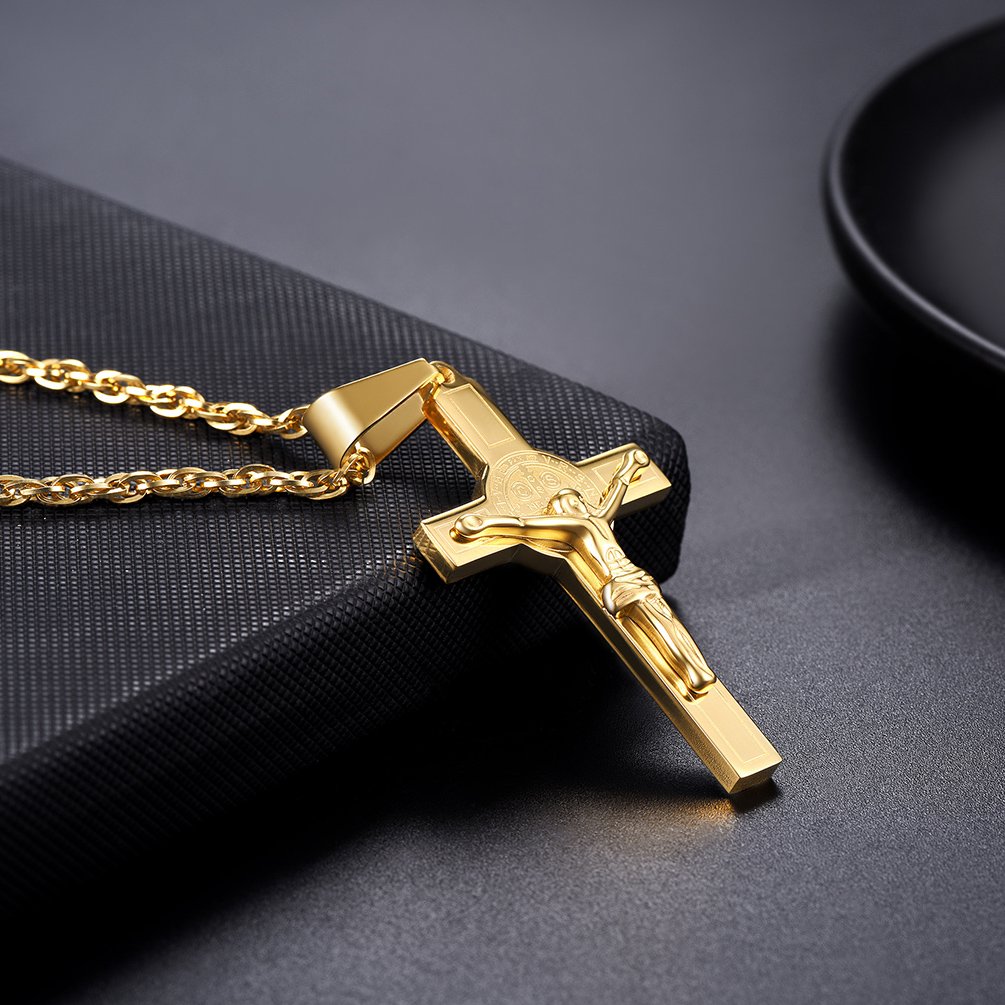 PROSTEEL Collana Pendente Crocifissa Cindolo Croce Gesù Catena Regolabile 55 60 cm in Acciaio Inossidabile Placcato Oro Nero