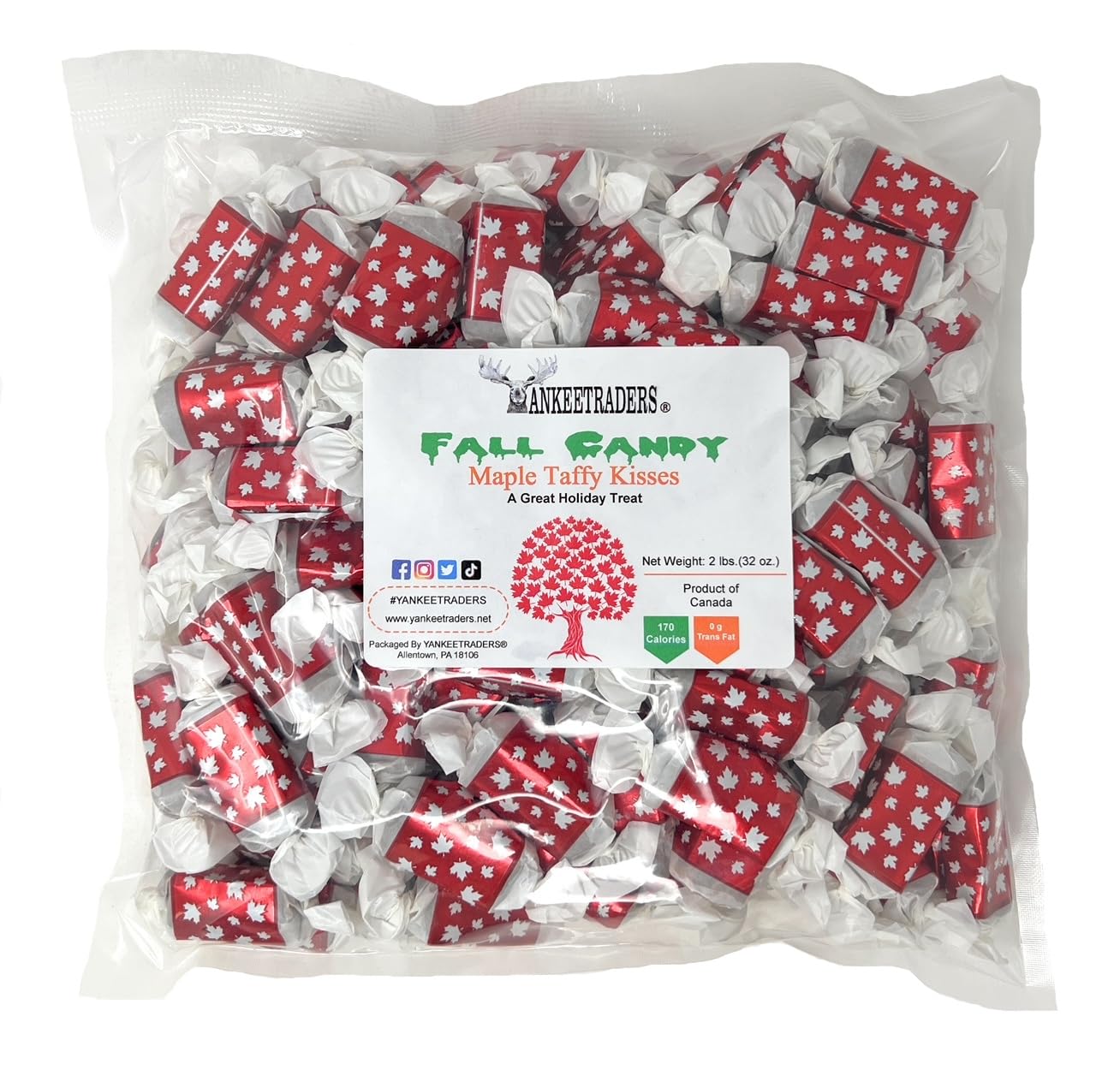 YANKEETRADERS Maple Kisses, (Maple Taffy), 2 Lbs, Bulk, Wrapped
