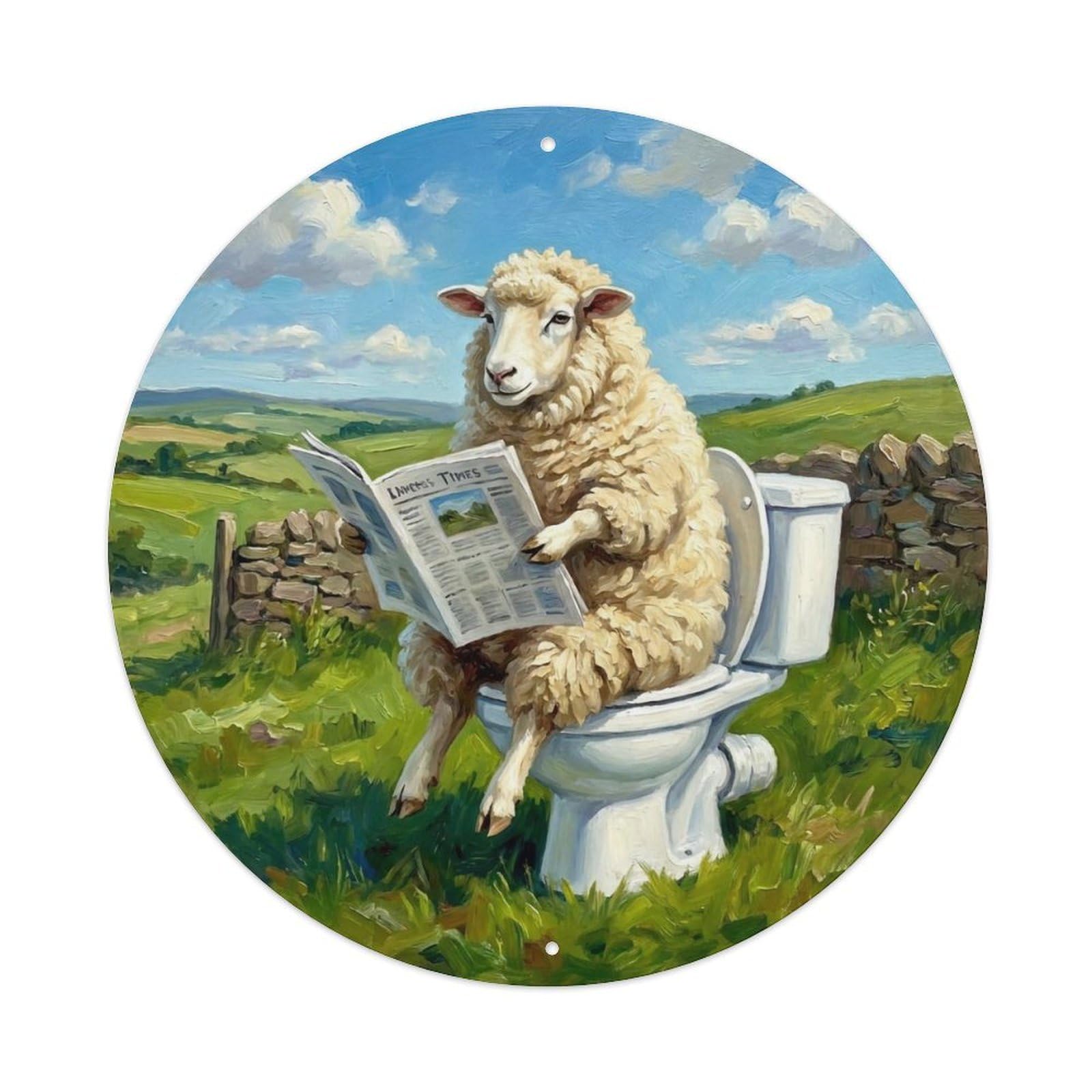 Sheep On Toilet Humorous Bathroom Green Hill Pasture Metal Tin Sign