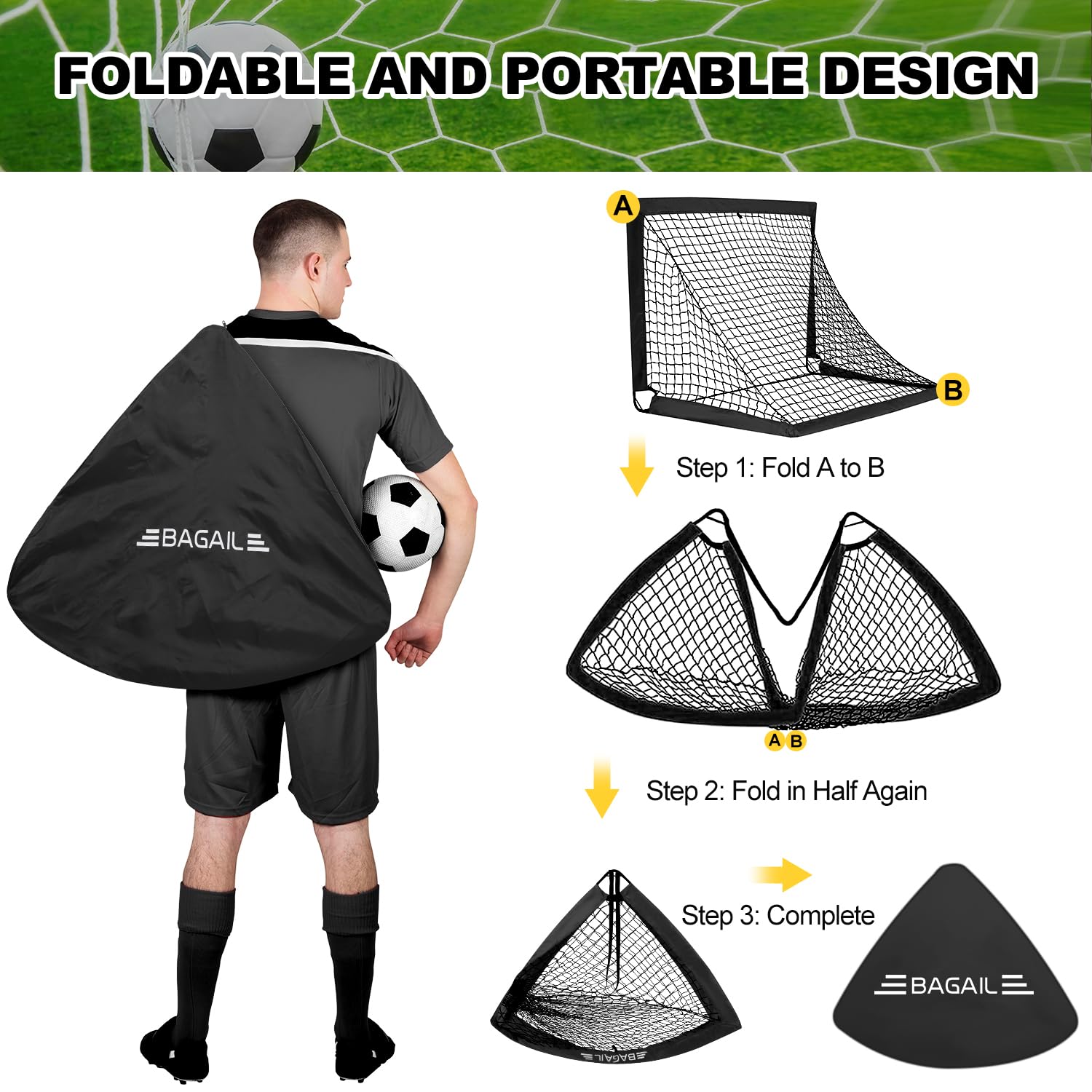 Bagail Voetbalgoal, 2-in-1 Design Voetbalnet en Doeldoel, Geleverd met