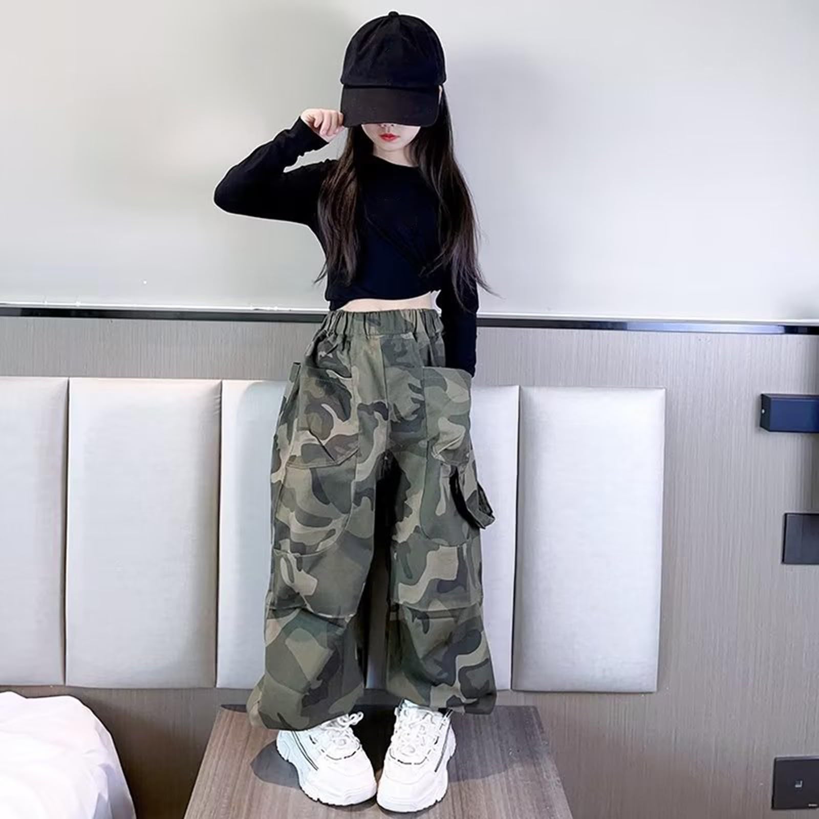Pantalones cargo holgados para niñas, con múltiples bolsillos, estilo Y2K, hip hop, ropa urbana, pantalones de camuflaje vintage, cintura elástica, pantalones de paracaídas de pierna ancha para niños