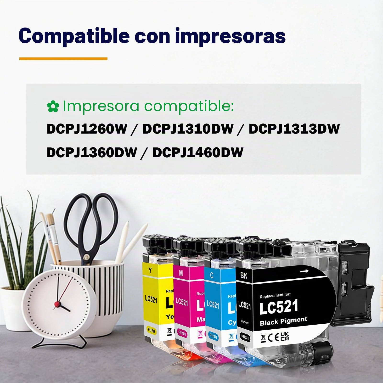LC521 LC521VAL Cartucho de Tinta Compatible para Brother DCPJ1260W DCPJ1310DW DCPJ1313DW DCPJ1360DW DCPJ1460DW Impresora LC521BK LC521C LC-521M LC-521Y (4-Pack)