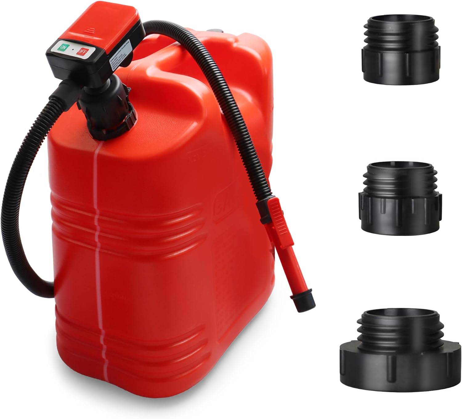 Fuel Transfer Pump Battery Powered With Automatic Stop Nozzle: 3 Adapters for Most 5 Gallon Gas Can, 51 Inch Long Hose - Battery Operated Gas Transfer Pump