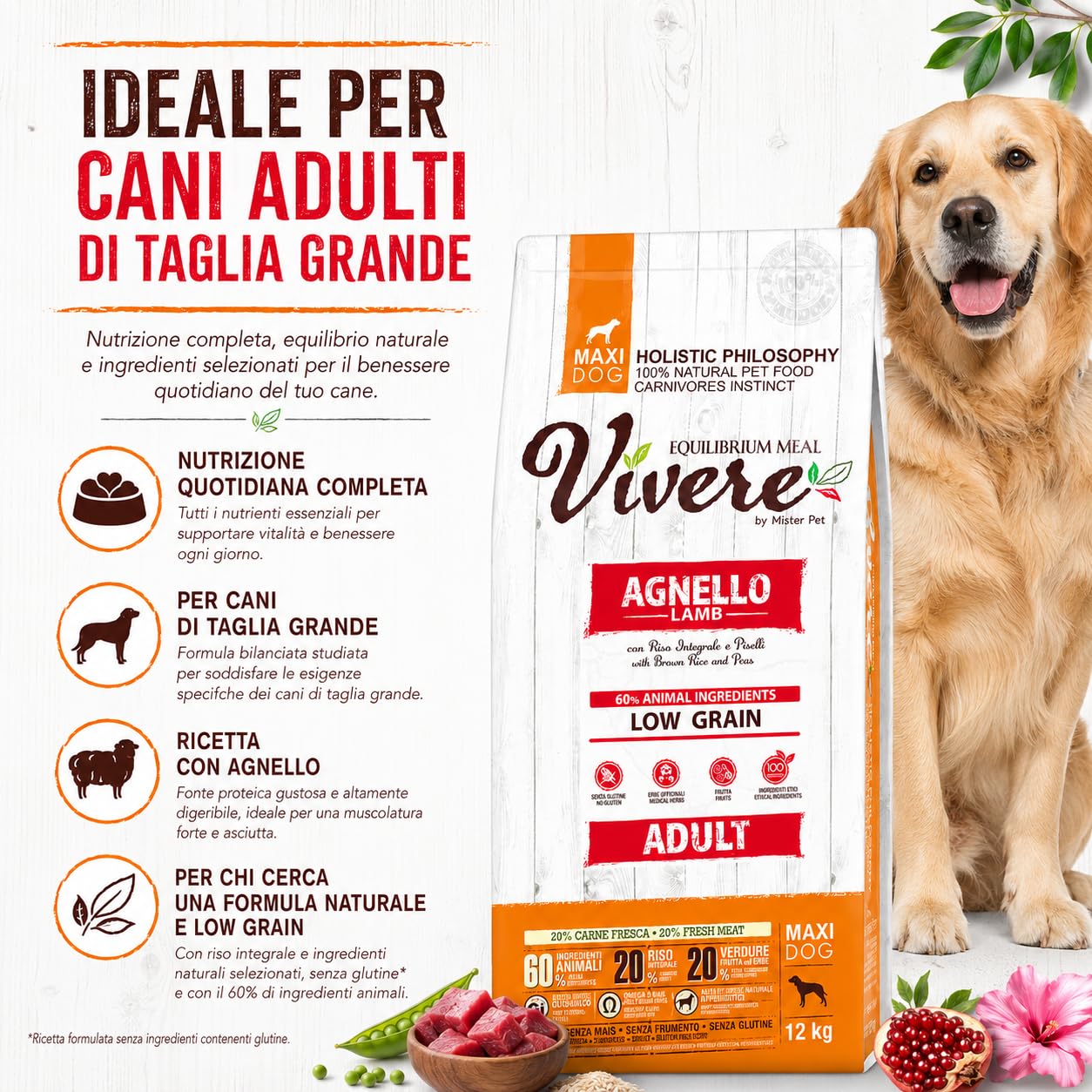 Vivere Adult Maxi Crocchette Cane Adulto 12 kg con Agnello, Mangime Secco Low Grain Gluten Free per Cani Taglia Grande, Alimento Completo con Omega 3, Prebiotici, Frutta ed Erbe, 12 kg