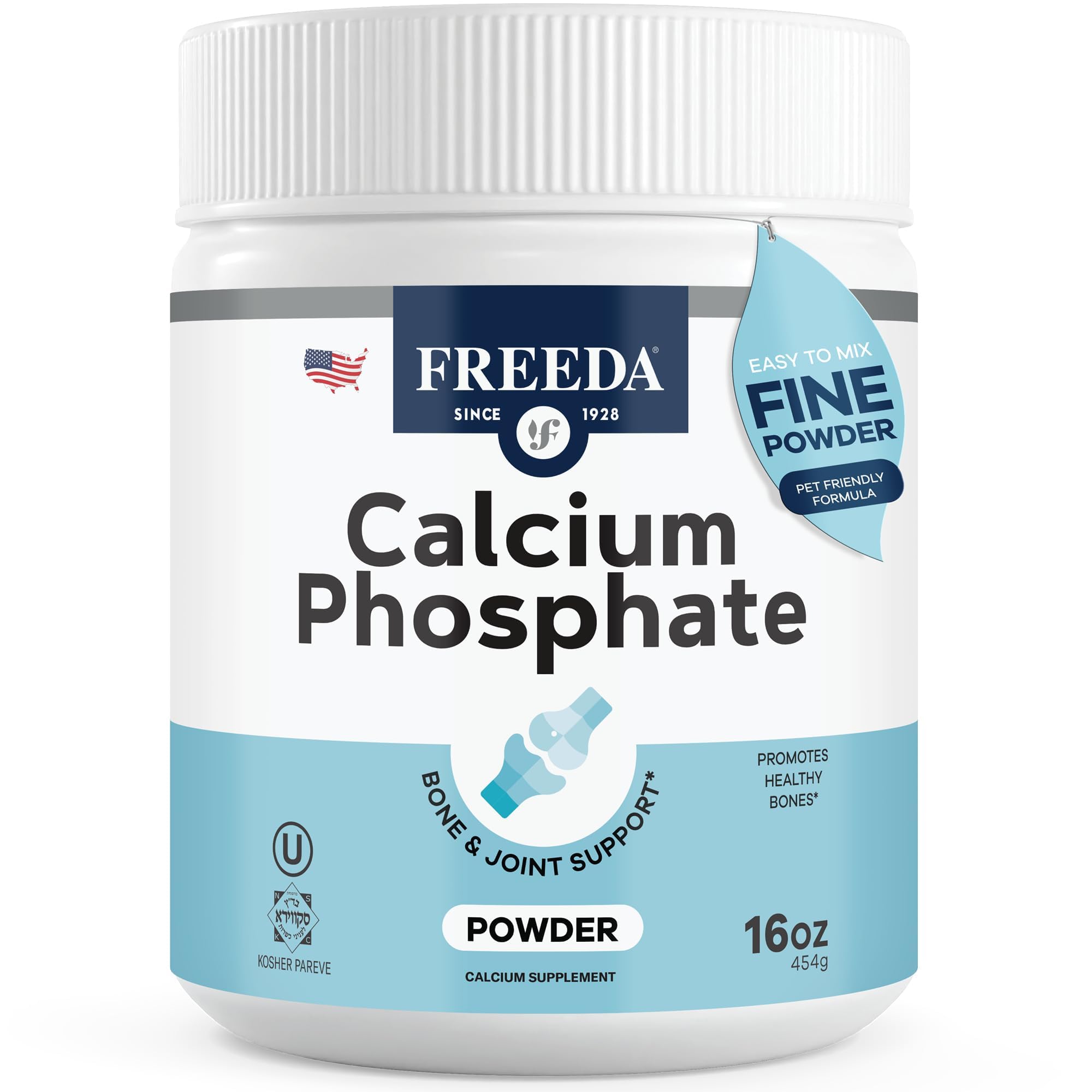 Freeda Calcium Phosphate Powder – Kosher Mineral Supplement for Bone & Joint Health in Men, Women, Dogs & Cats – Bone Strength Powder with Calcium and Phosphorus – No Vitamin D – Made in USA, 16oz