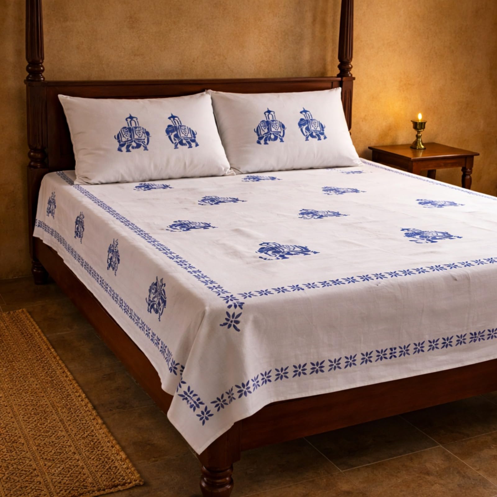 Jaipuri Hand Block Print Cotton Double Bed Bedsheet Soft, Breathable, Lightweight, and Easy-Care Fabric Comes with Set of 2 Pillow Covers. (Hand Block Elephant)-image-34