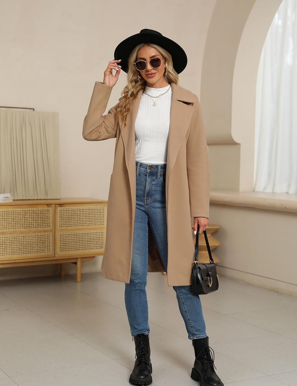 BZB Women's Trench Coat Long Wool Blend Pea Coat Winter Casual Overcoat Notched Lapel Collar Belted Long Jacket Outerwear - Image 8