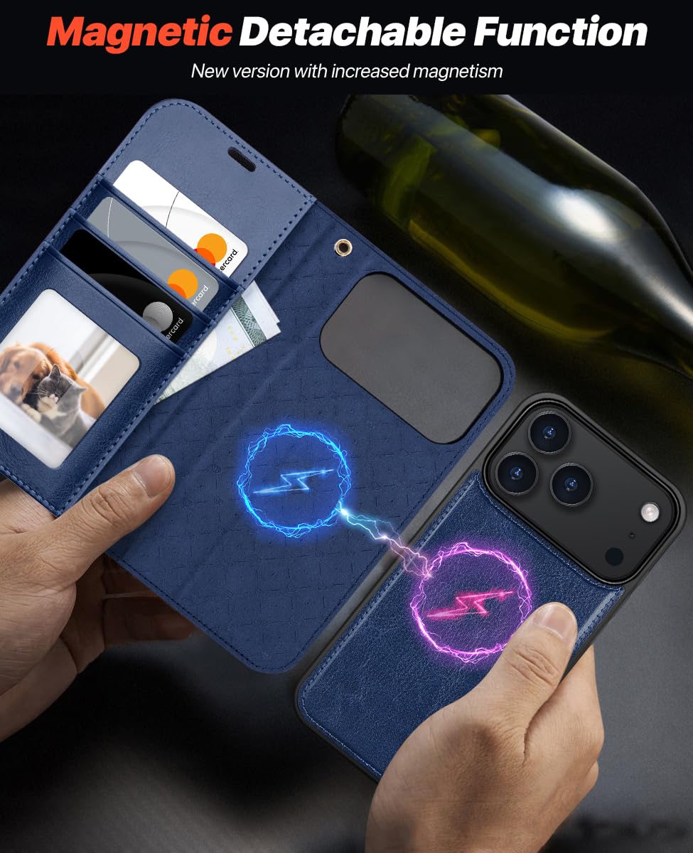 OCASE Coque pour iPhone 17 Pro Magnétique Détachable 2-en-1, PU Étui Portefeuille en Cuir avec RFID Blocage, Fentes pour Cartes, Protection Antichoc Housse pour iPhone 17 Pro (6,3’’, 2025) - Bleu
