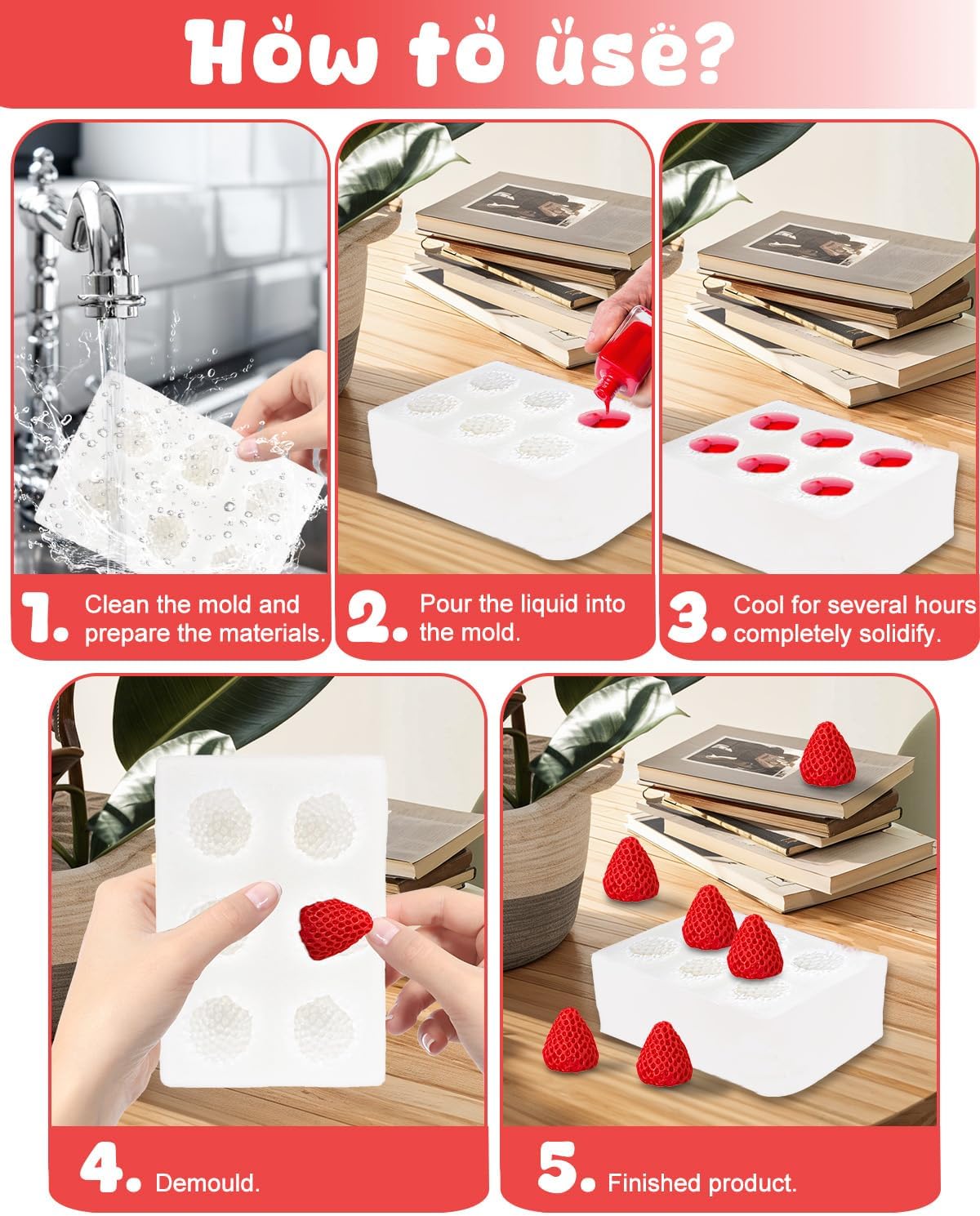 6 Cavity 3D Strawberry Silicone Mold, Chocolate Mold for Candy, Soap, Wax Melt, Cake Decorating, Baking DIY Crafts Supplies - Non-Stick Easy Release Strawberry Molds for Homemade Treats & Gifts
