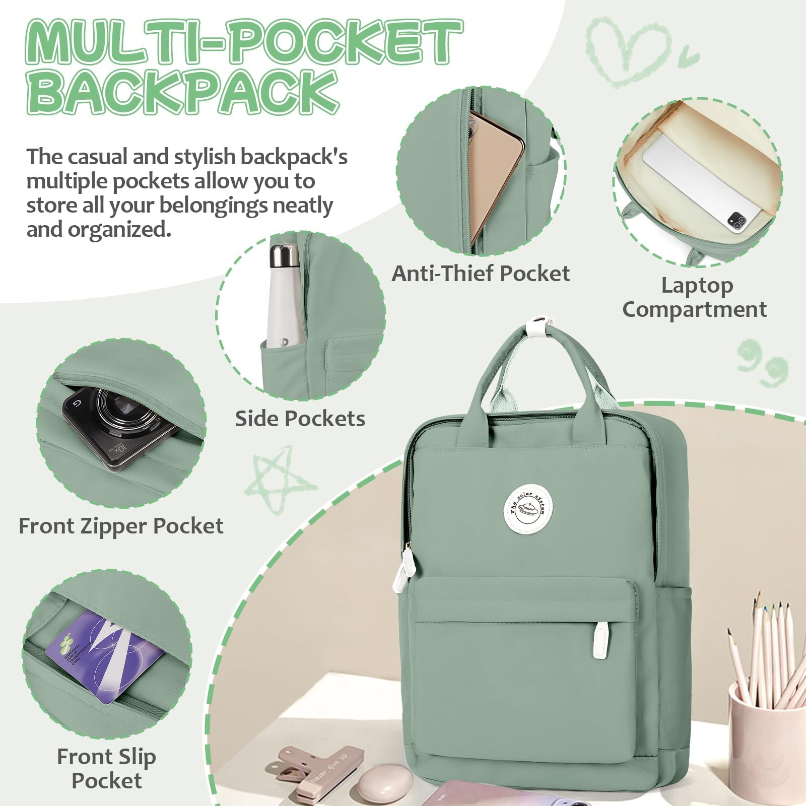 HYC00 Zaino Donna Scuola,Zaino Donna Casual Zaino Scuola Superiore Ragazza Zaino Università Zainetto Cartella, Impermeabile Zaino Porta PC 14 Pollici Zaino per Scuola Media Ragazza Ragazzi Backpack