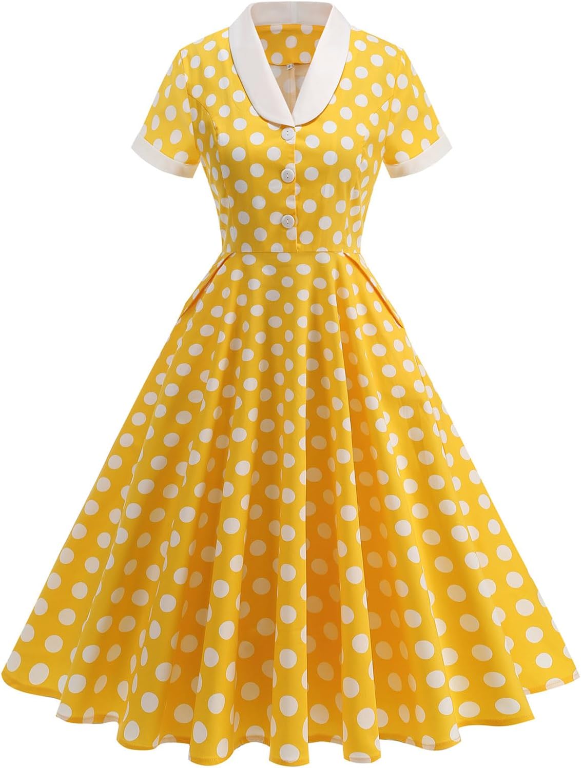 ODIZLI Women's 1950s Retro Dress Short Sleeve Shawl Collar Polka Dot Swing Midi Dress Rockabilly Dresses with Pockets