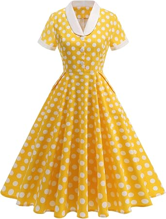 ODIZLI Womens 1950s Retro Dress Short Sleeve Shawl Collar Polka Dot Swing Midi Dress Rockabilly Dresses with Pockets