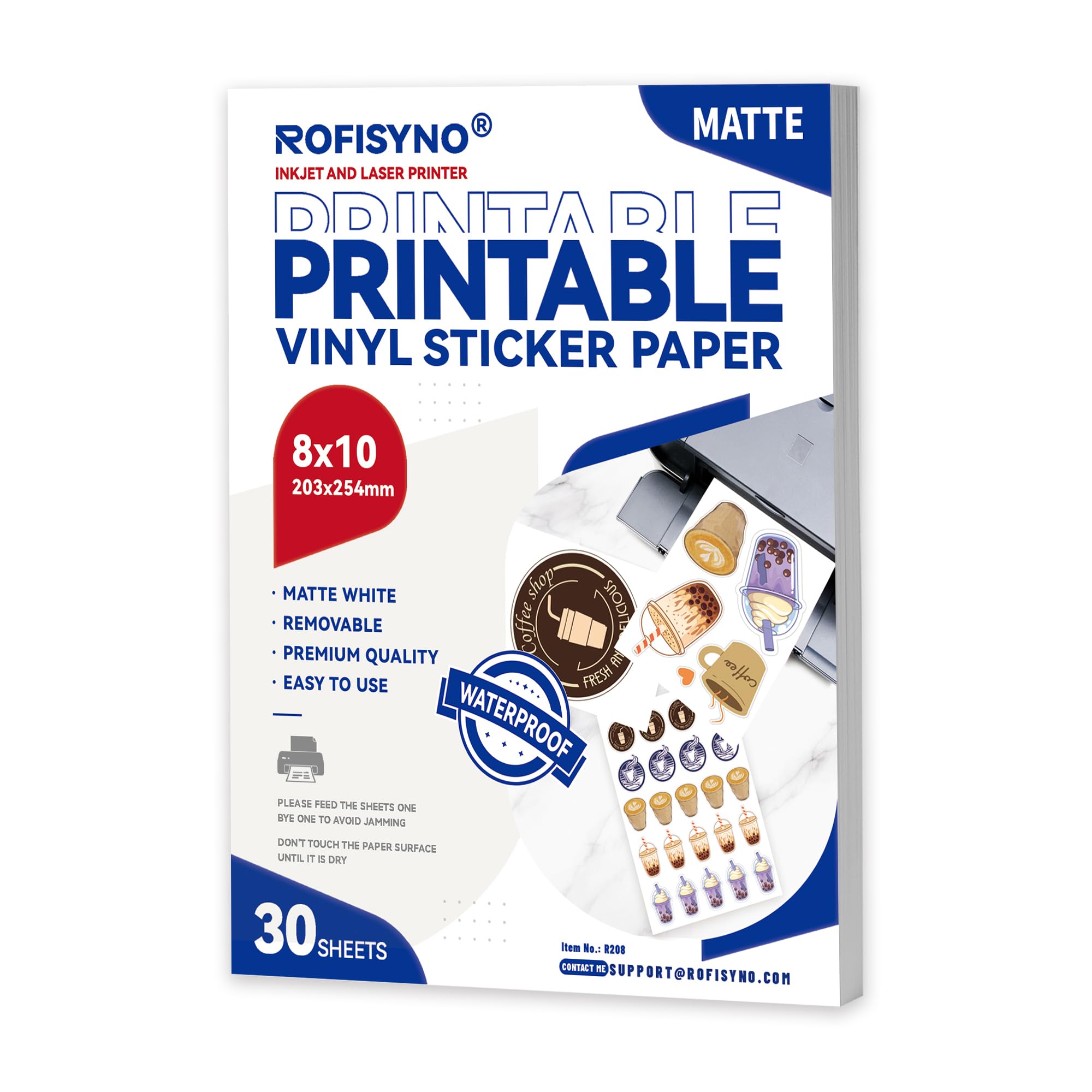 8x10 Printable Vinyl Sticker Paper Waterproof, Removable Self Adhesive Vinyl Sticker Sheets for Inkjet and Laser printer, 30 Pack, 8R Size, Matte