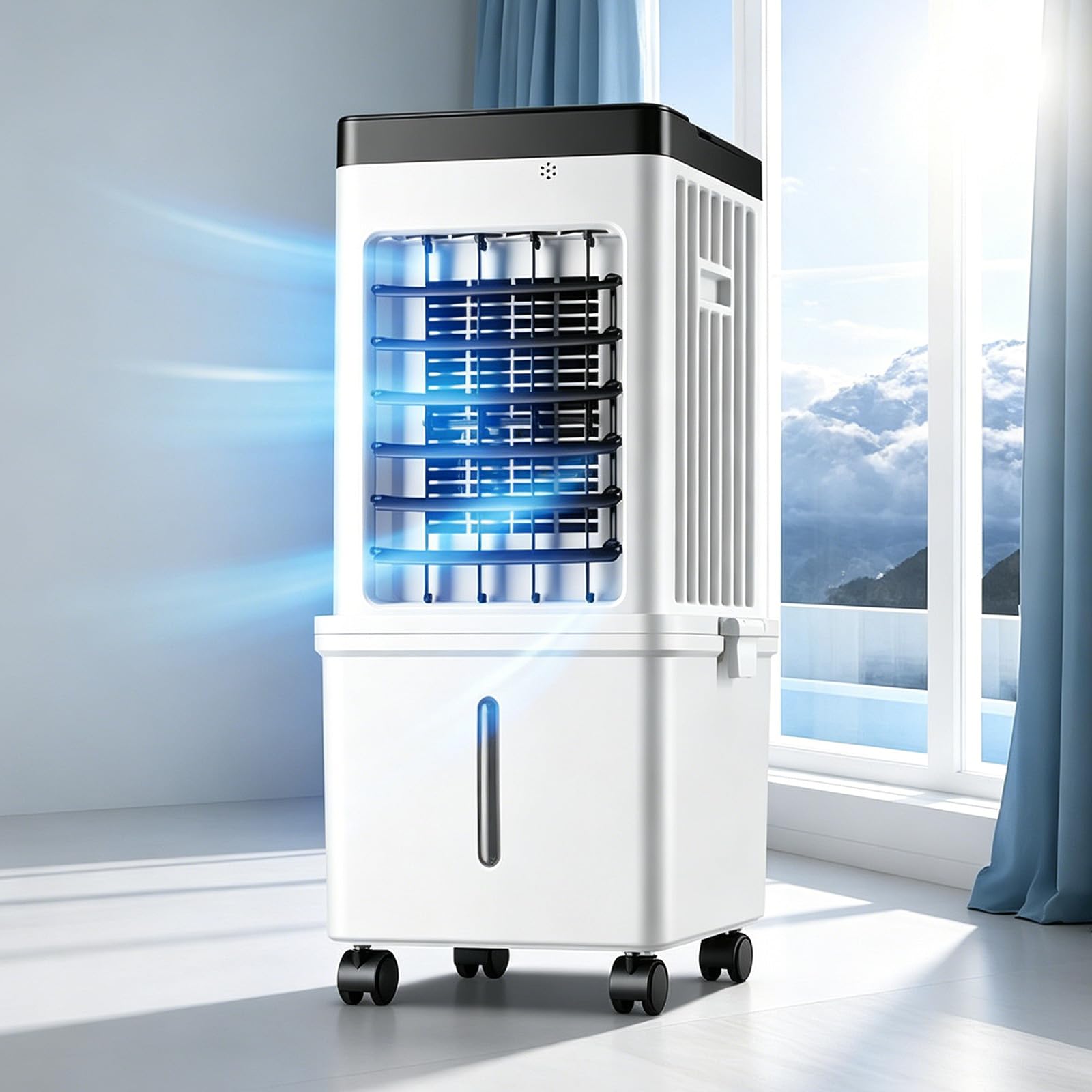 Ventilador enfriador de aire evaporativo 3 en 1,Ventilador humidificador de aire portátil con control remoto y refrigeración por agua,3 velocidades,temporizador de 7.5 h,depósito de agua de 15 litros |