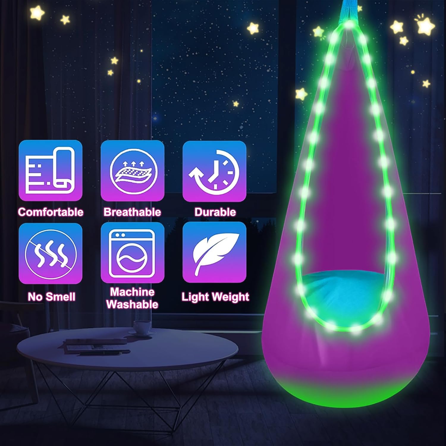 Light Up Swing Chair Hammock Chair Indoor Outdoor for Kids Pod with LED Lights, Soft and Safe, 176 lb. Load Capacity, Easy Installation, Perfect for Bedroom, Garden, and Playroom (Purple) - Image 3