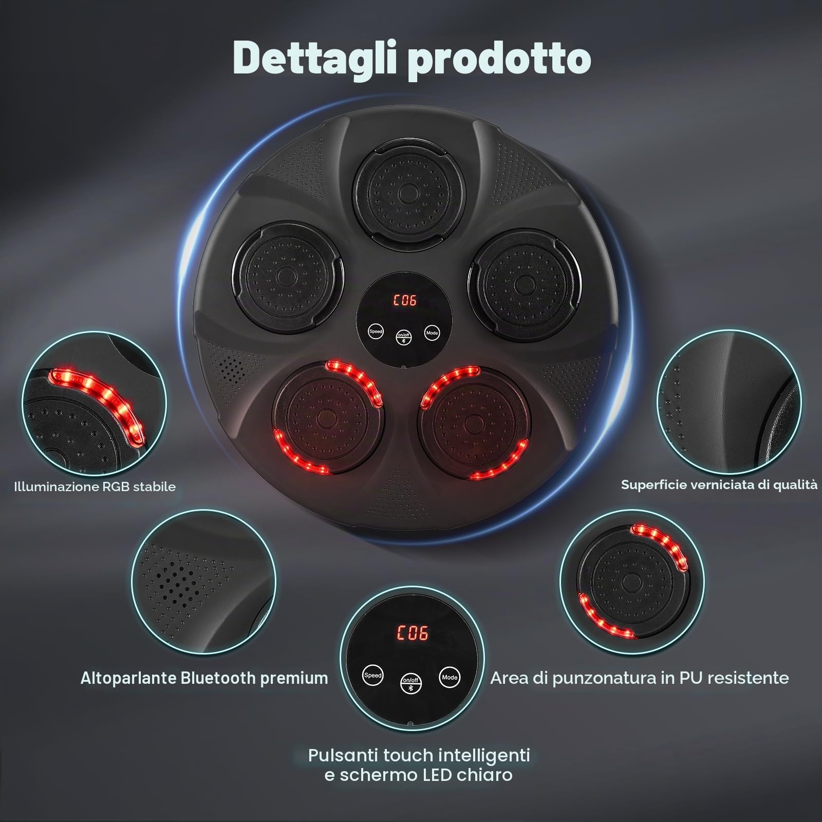 Music Wall Boxing, Macchina da Boxe Musicale Intelligente, Macchina da Boxe Elettronico con Connettività Bluetooth, 1 Paia di Guanti da Boxe, Uso Interno, per Bambini/Adulti