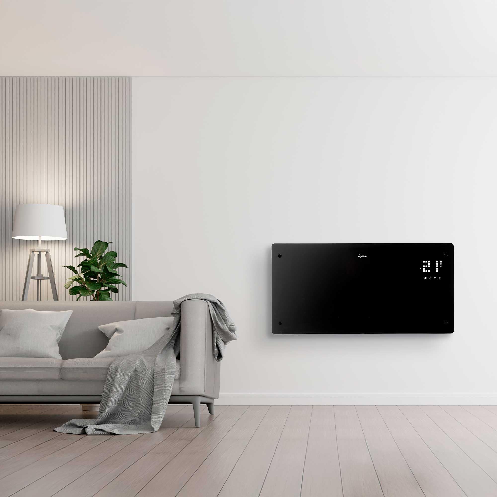 JATA JCRW2520 - Radiador Eléctrico WIFI Bajo Consumo Cristal 2000 W. 5-50ºC. 2 Potencias. Temporizador 24h. Instalación pared o suelo. 77x77x38,5cm. Conectividad WIFI y APP