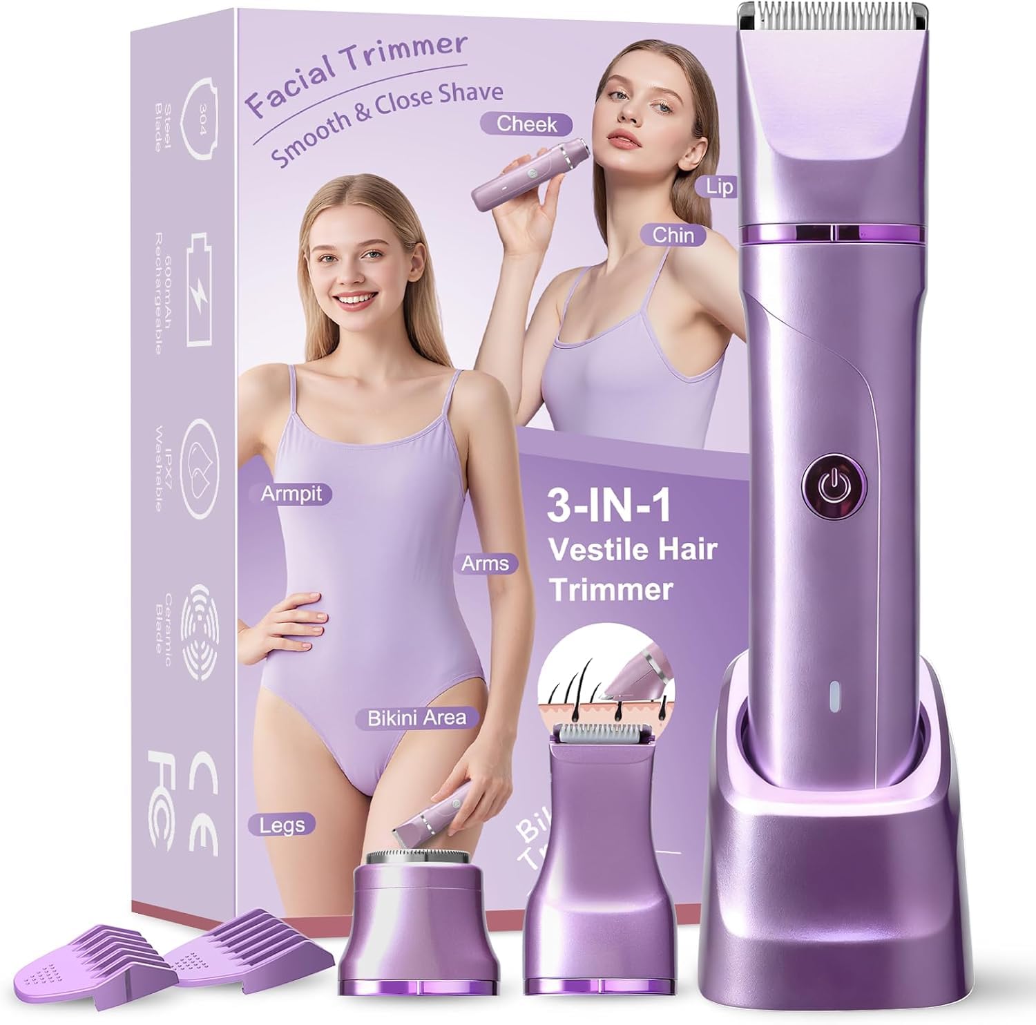 Body Hair Trimmer for Women Electric Body Shaver for Back Chest Armpit Legs Pubic Hair, USB Rechargeable, IP7X Waterproof for Wet and Dry Use,Replaceable Snap-in Ceramic Blades