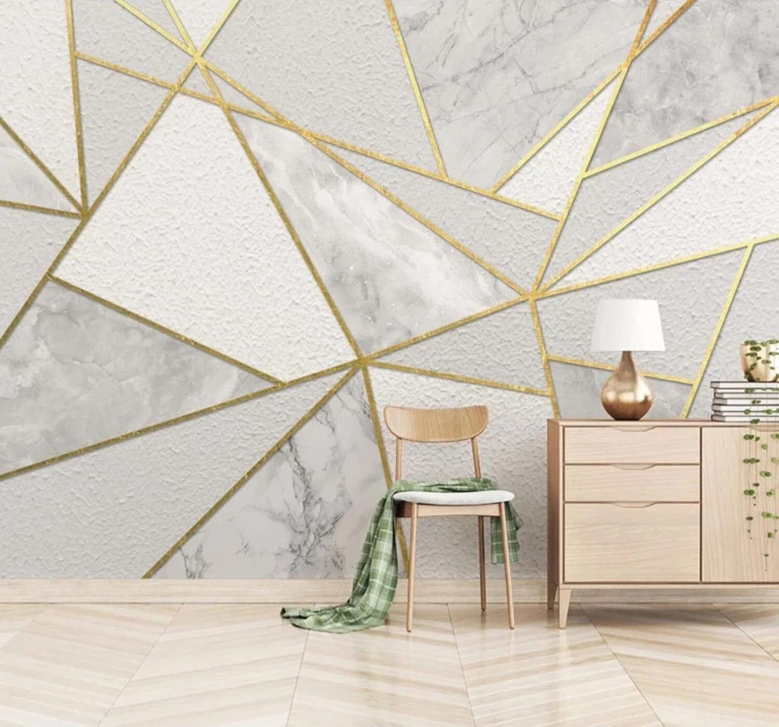 Tzxztt Abstract Geometric Gold Lines Marble Effect Pattern Modern 3D Wallpaper Premium Textured Silk Neutral Tones Material Ideal for Living Room Bedroom-430cm×300cm