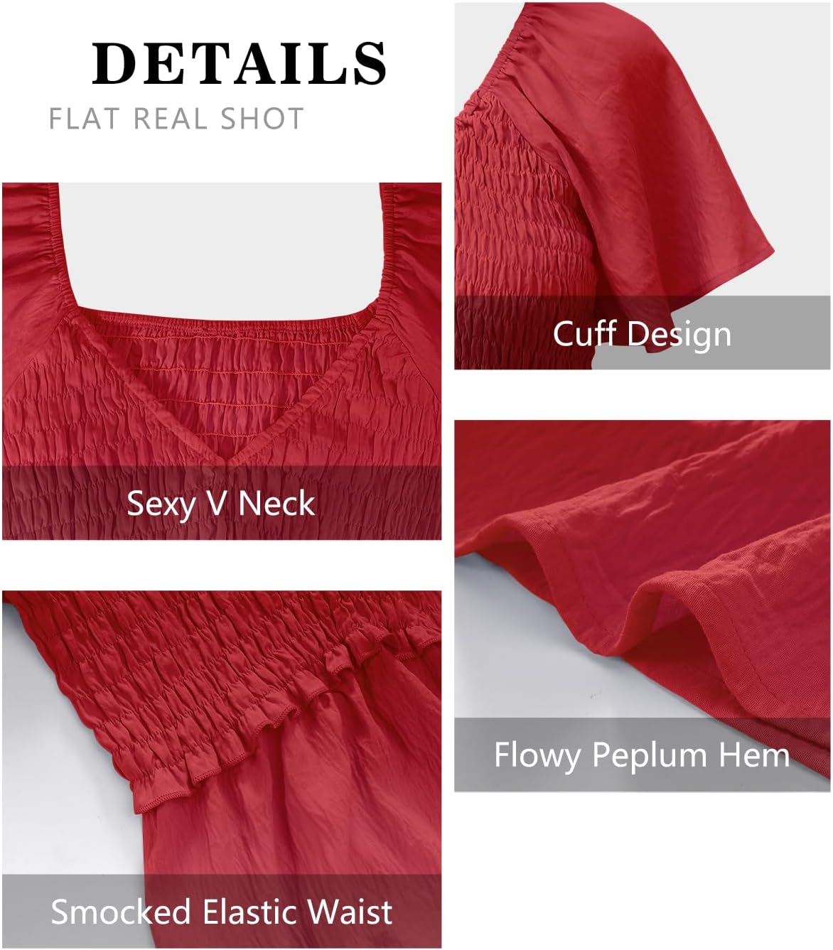 HEYTALALA Women's Summer Peplum Tops Ruffle Trim Short Sleeve Casual V Neck Smocked Blouses Dressy Shirt Red XXL - Image 6