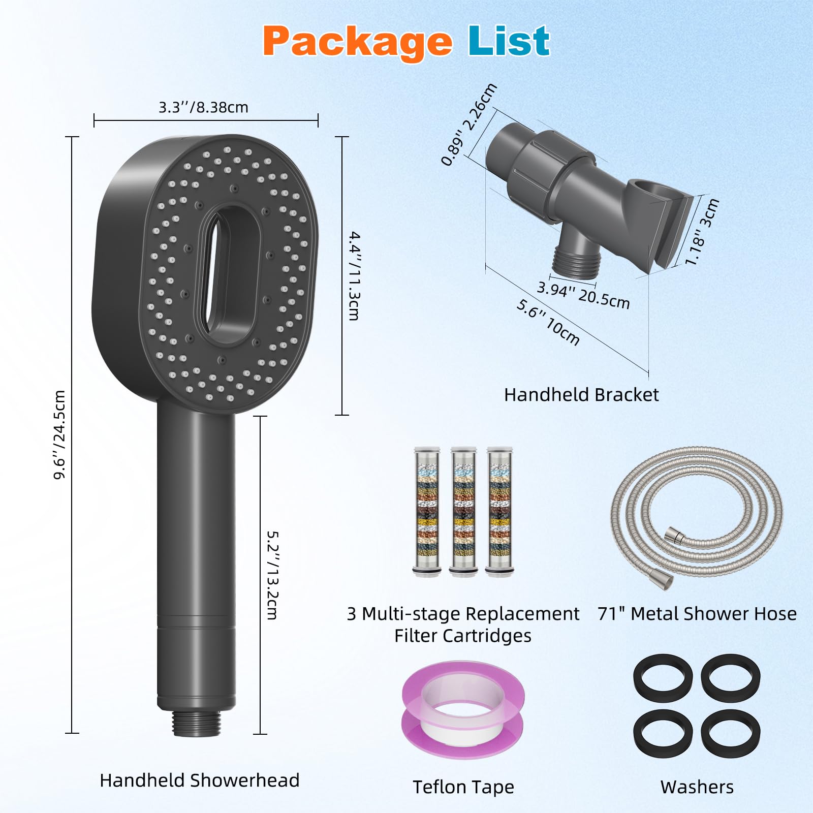 Hibbent Cabezal de ducha filtrado con mano, cabezal de ducha de alta presión, 5 pulverizadores, boquillas antiobstrucciones, soporte de latón y manguera de metal de 71 pulgadas, 3 filtros suavizantes