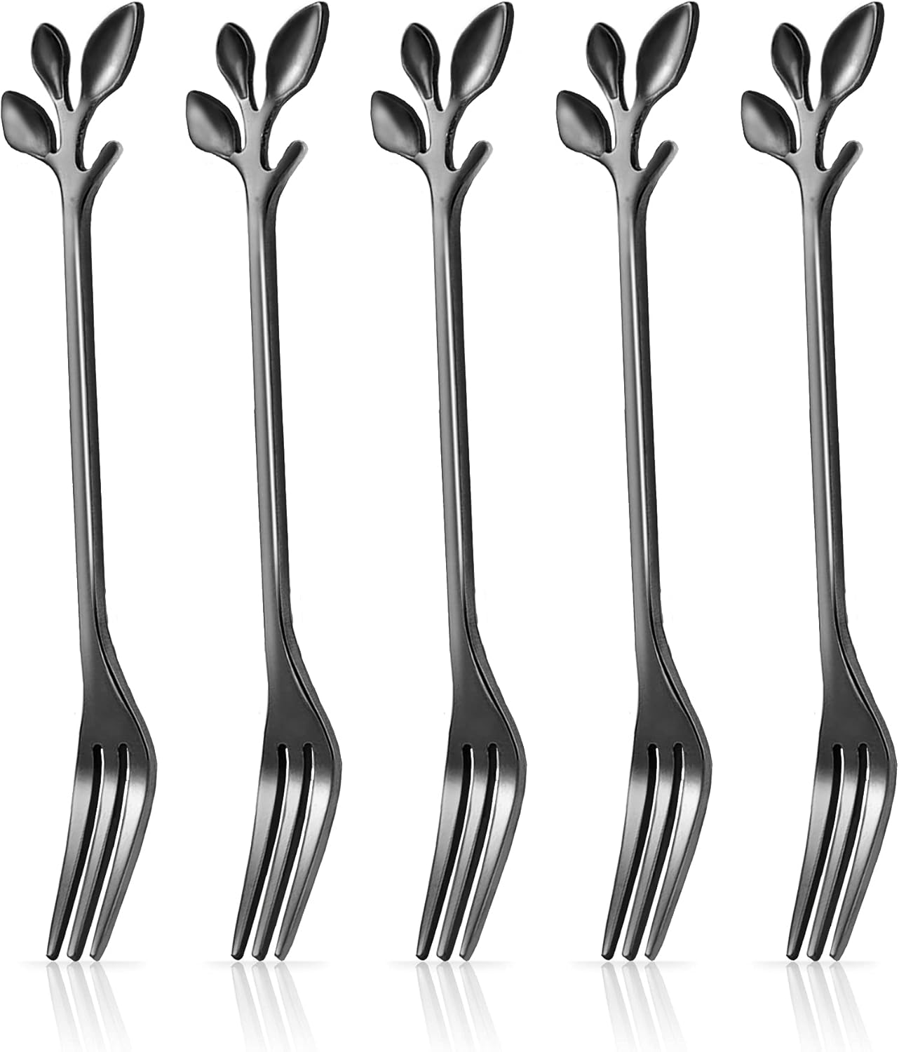 IFeico 5 PCS Black Dessert Forks iFeico 4 7 inch Stainless Steel Fruit Forks Creative Leaf Appetizer Forks Mini Cocktail Cake Fork for Parties Events Wedding Kitchen Tableware set