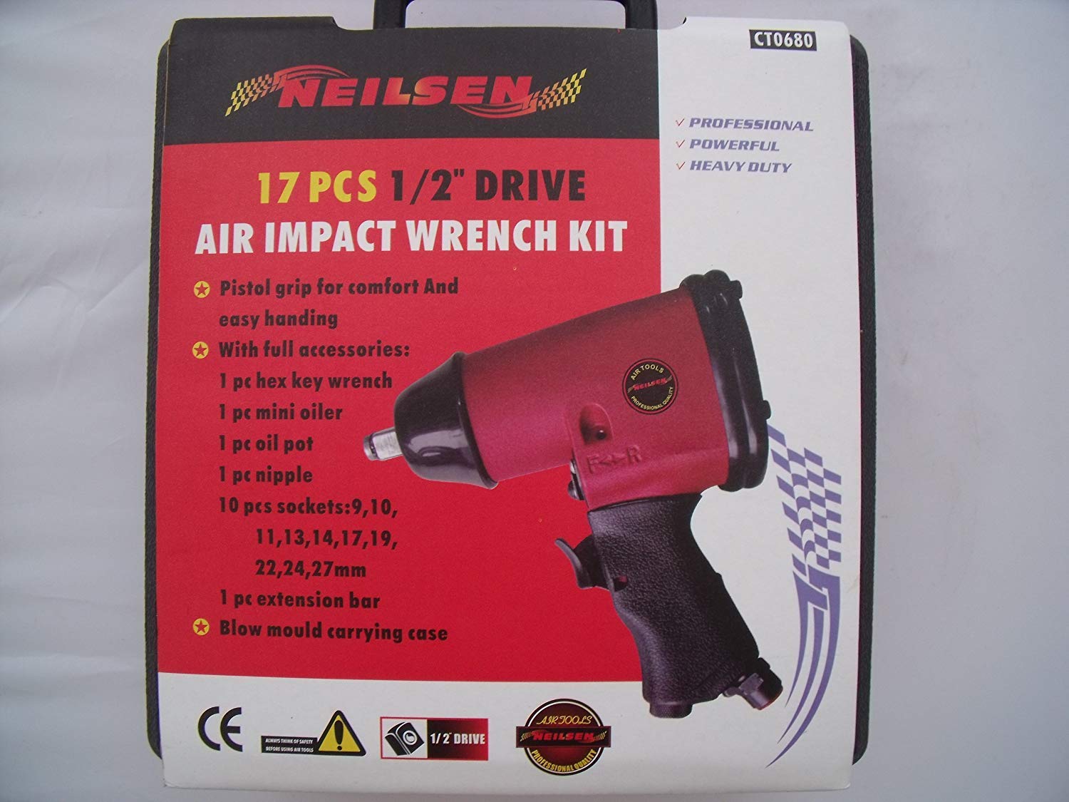 Neilsen Red Ct0680-17Pc 1/2In Dr Air Impact Wrench Kit For Automotive And Workshop Use | 230 Ft/Lb Torque | 7000Rpm | 90Psi Max | 1/4In Bsp Inlet | With Socket Set