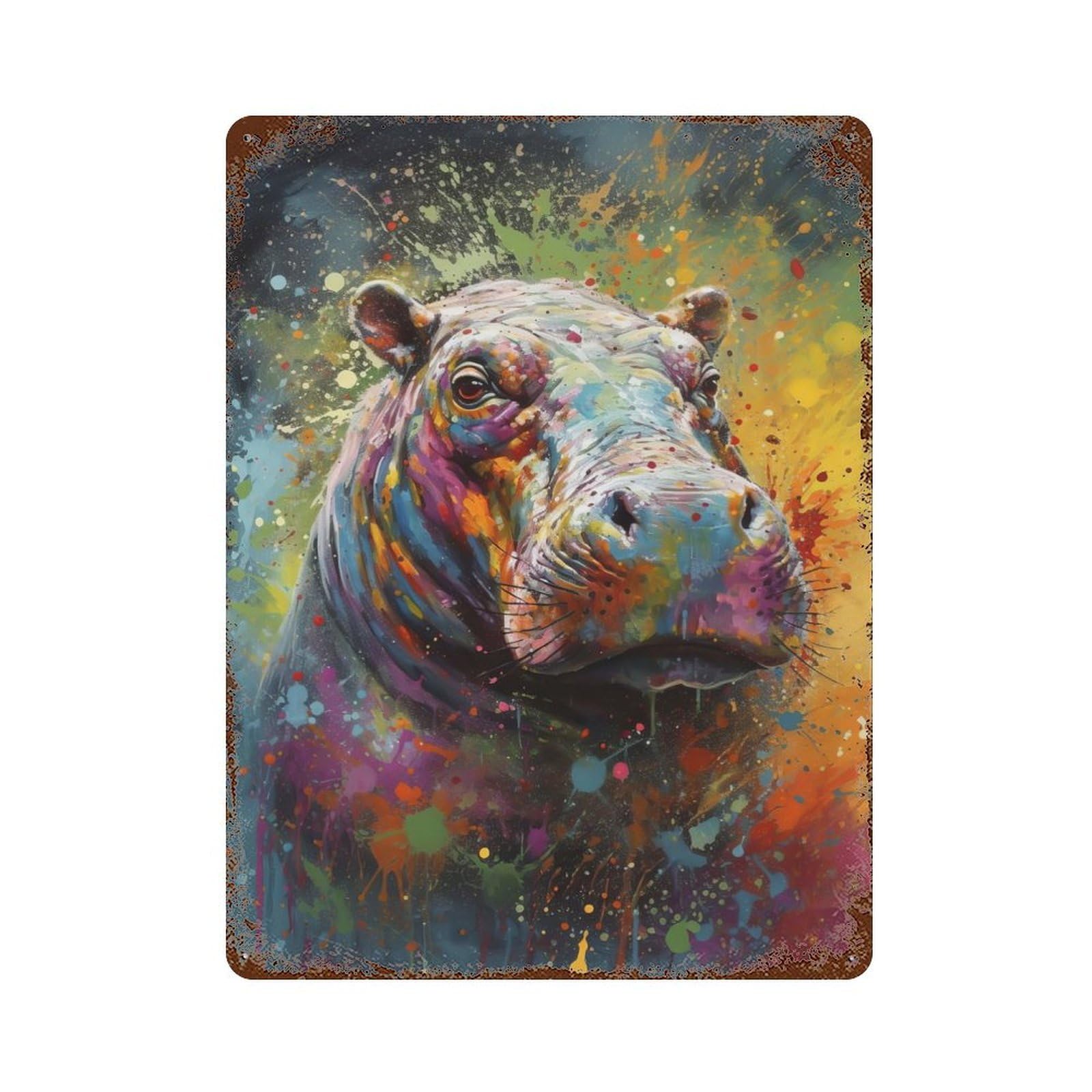 Hippo Painting Rusty Metal Tin Sign 15.7"x11.8", Industrial Home Decor for Garage, Pub Or Kitchen