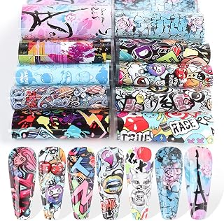 Graffiti Nail Foils Nail Art Transfer Stickers Nail Art Supplies Foil Transfers Holographic Starry Glitter Abstract Letter Colorful Design Luxury Nail Decals for Women Acrylic Nail Decorations 10PCS