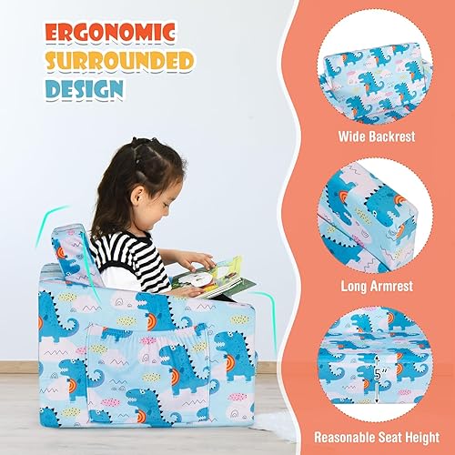 Miniatura 6 de COSTWAY Sofá para niños, sofá convertible 2 en 1 para niños con bolsillo de almacenamiento lateral, sofá abierto y cama con patrones de corte,