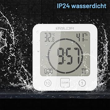 Bathroom Clock with Suction Cup Temperature Humidity Display Digital Shower Timer Waterproof Shower Clock for Bathroom Touch Shower Wall Clock (White)