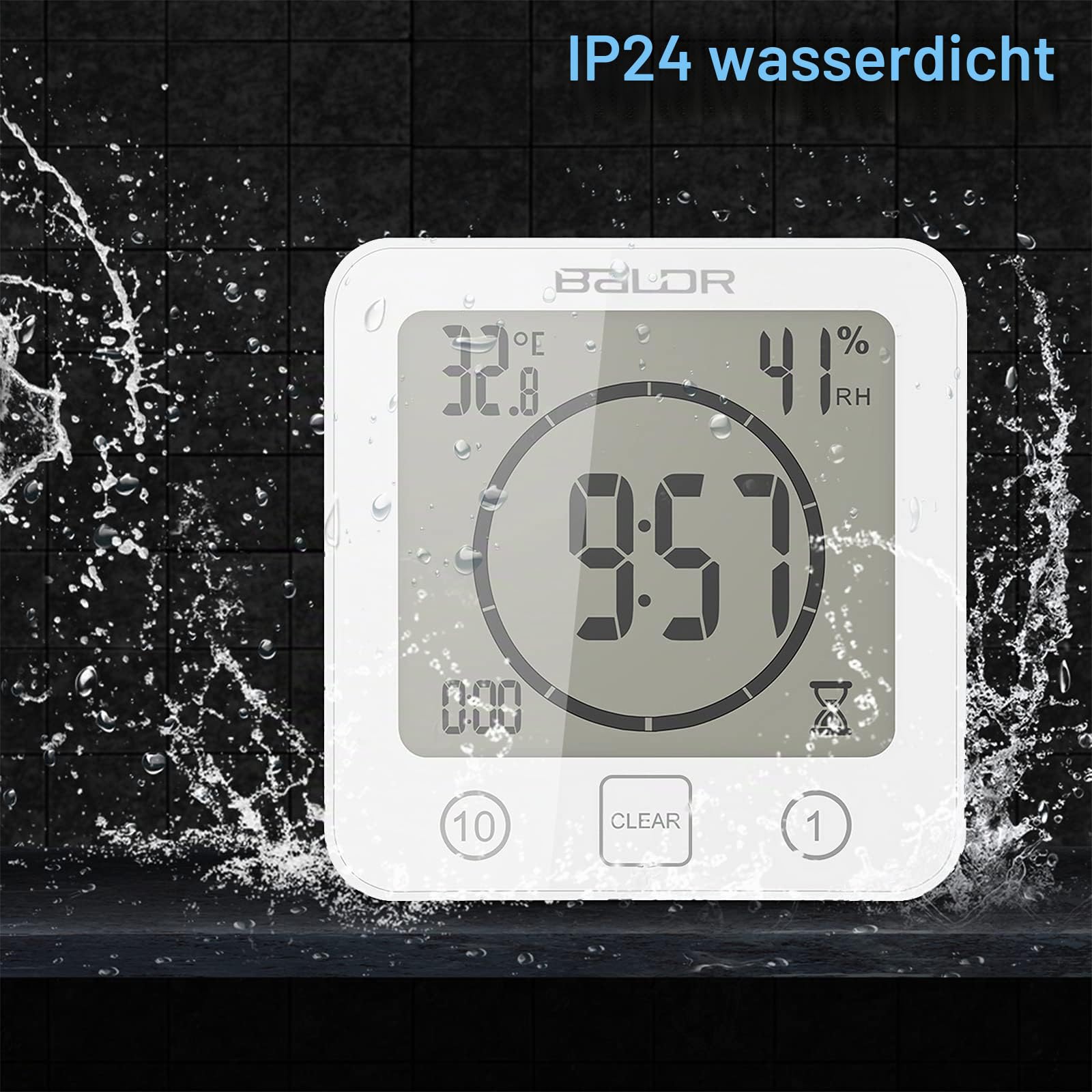 ALLOMN Badezimmer Uhr, LCD Digital Dusche Wecker wasserdichte Berührungssteuerung ℃ / ℉ Temperatur Luftfeuchtigkeit, Countdown Timer, 3 Montagemethoden, Batterieleistung (Weiß)