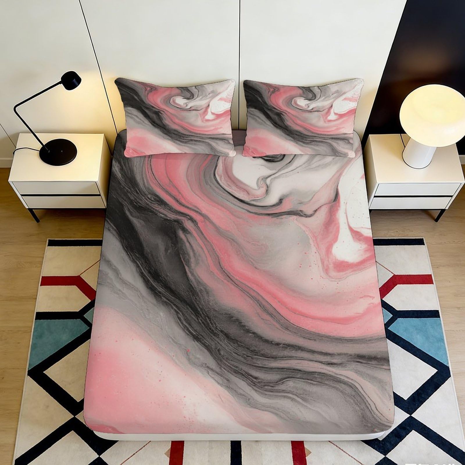 3D Printed Pink Gray Marble Fitted Sheet Microfiber Soft Breathable Abstract Swirl Bed Sheet Mattress Cover for Bedroom Dormitory Guest Room Protection 180x200x25cm