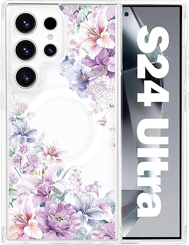 Tcaraersing Funda magnética para Samsung Galaxy S24 Ultra Flower compatible con MagSafe, bonito patrón floral, transparente, a prueba de golpes,
