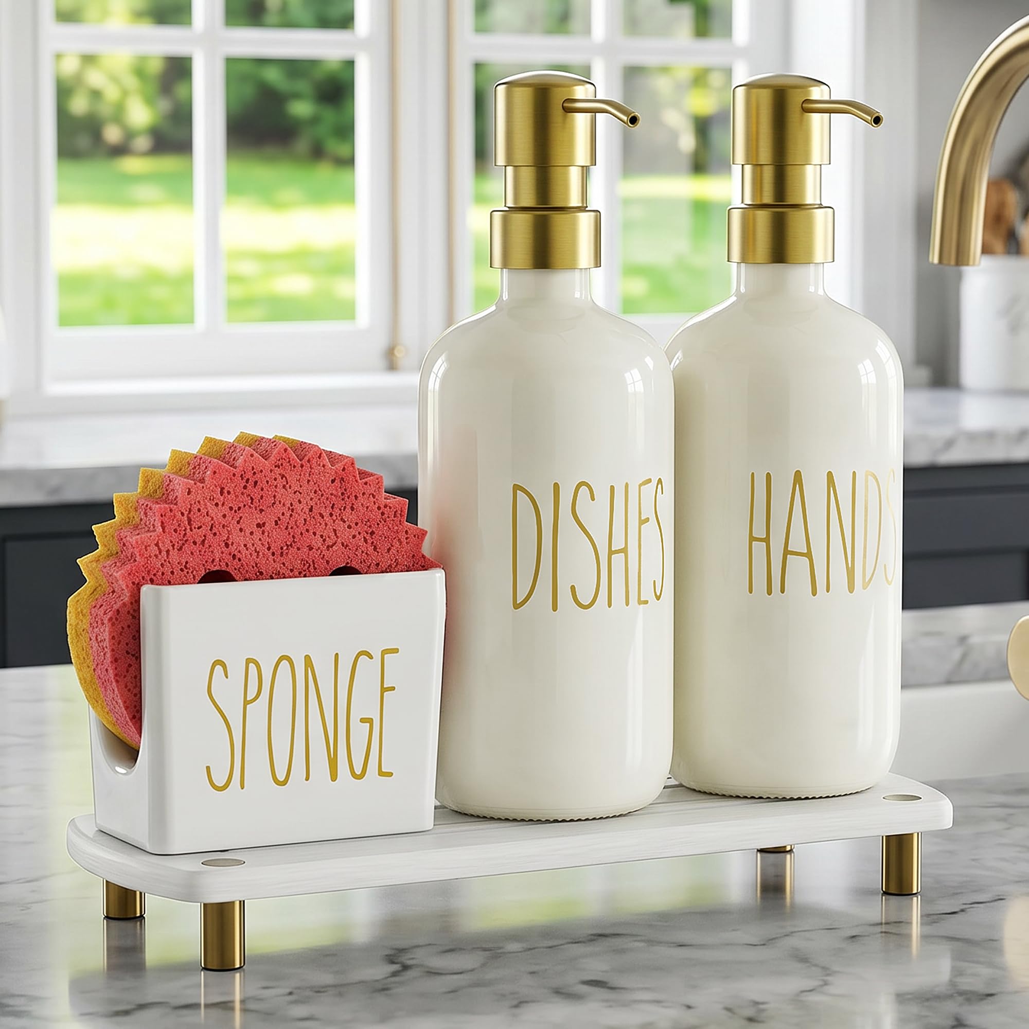 Cisily Kitchen Soap Dispenser Set Comes with Ceramics Sponge Holder, Gold Pumps, and Instant Dry Tray, Hand and Dish Soap Dispenser Set (4, Gold + Off White + Sponge Holder)