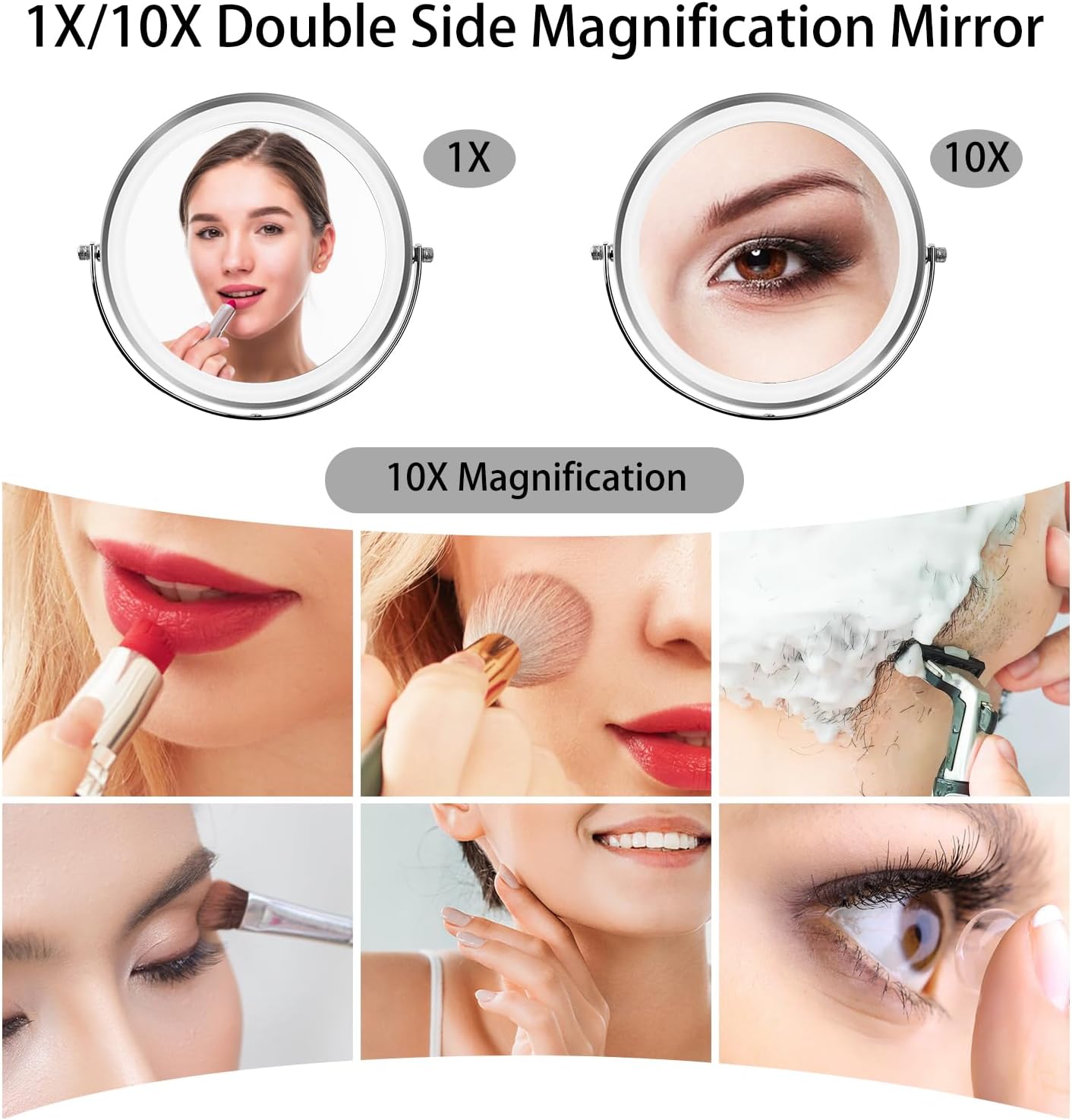 8”Large Makeup Mirror with Lights,1X/10X Rechargeable True Height Adjustable HD Magnifying Mirror with 3 Color Dimmable Lights,360° Rotation Double Sided Vanity Makeup Mirror,Gift for Women (Silver) - Image 2