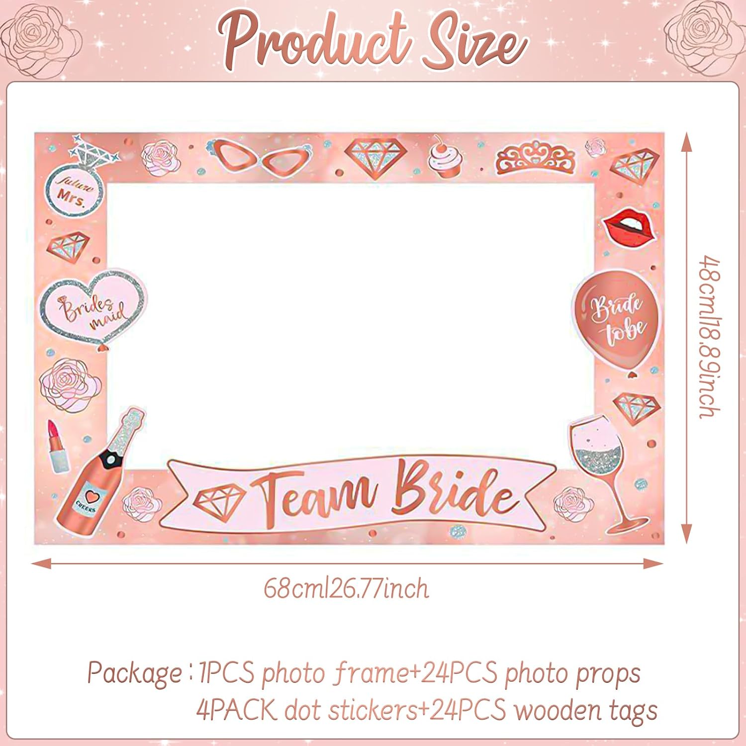 25 Pcs Rose Gold Wedding Photo Booth Props with Large Selfie Frame,Bridal Shower Decorations Kit,Bachelorette Party Decorations,Engagement Photo Props for Team Bride,Girl‘s Outdoor Supplies