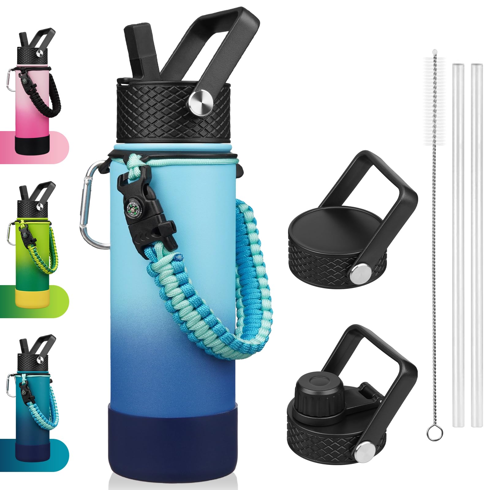 BJPKPK Insulated Water Bottle with Straw Lid, 22oz Thermos Water Bottles with 3 Lids, Paracord Handle & Non-slip Boot, BPA Free Leak Proof Stainless Steel Tumblers,Sky