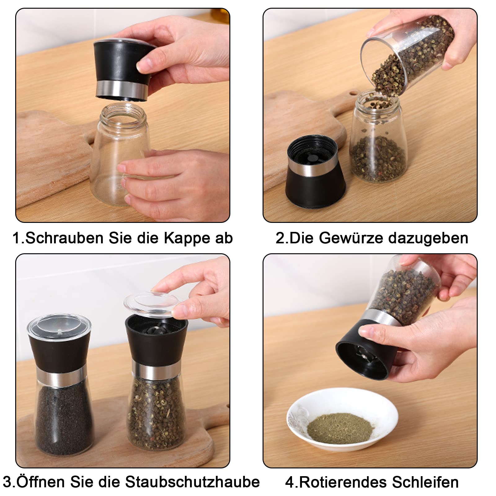 Set di 2 Macinapepe Manuale, Macina Sale e Pepe, con Macinino in Ceramica Regolabile, per Spezie Varie, Nero
