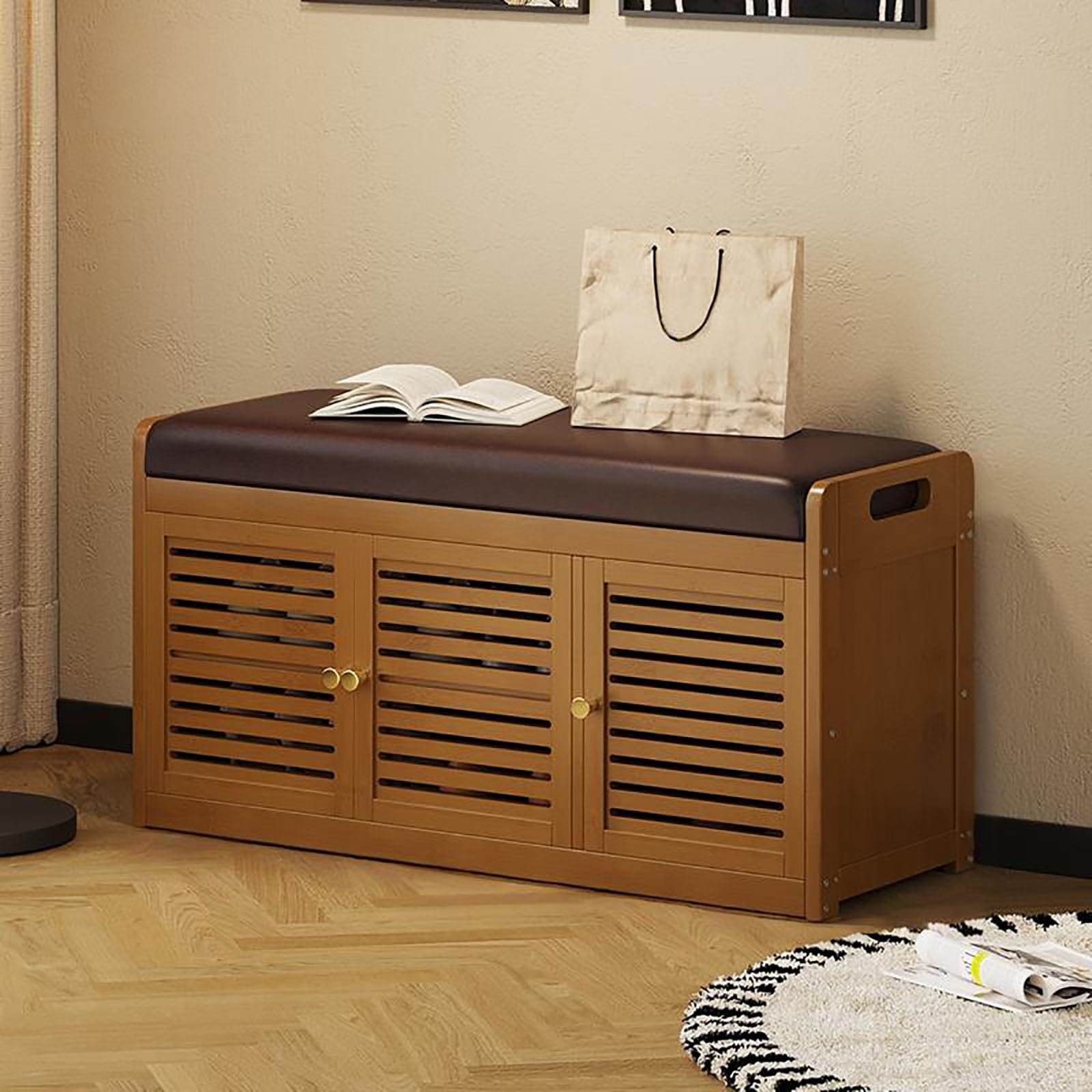 Banc de rangement chaussures entrée meuble de rangement en bambou 3 portes rembourré