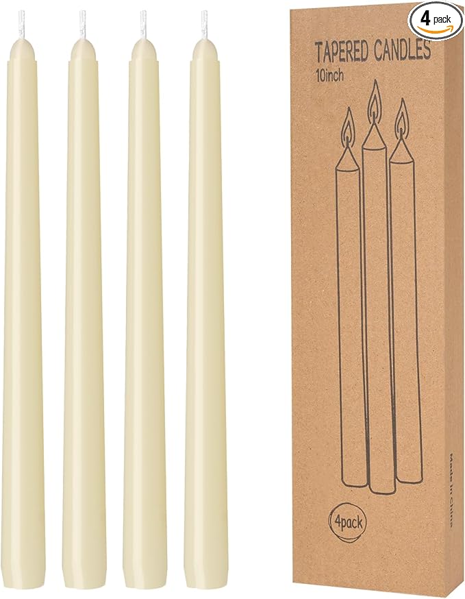4 Pack Ivory Taper Candles - Taper Candles 10 Inch Dripless, Smokeless & Unscented - 8 Hours Long Burning - Hand Poured Tall Candlesticks - Ideal for Weddings, Dinner Parties, and Home Decor