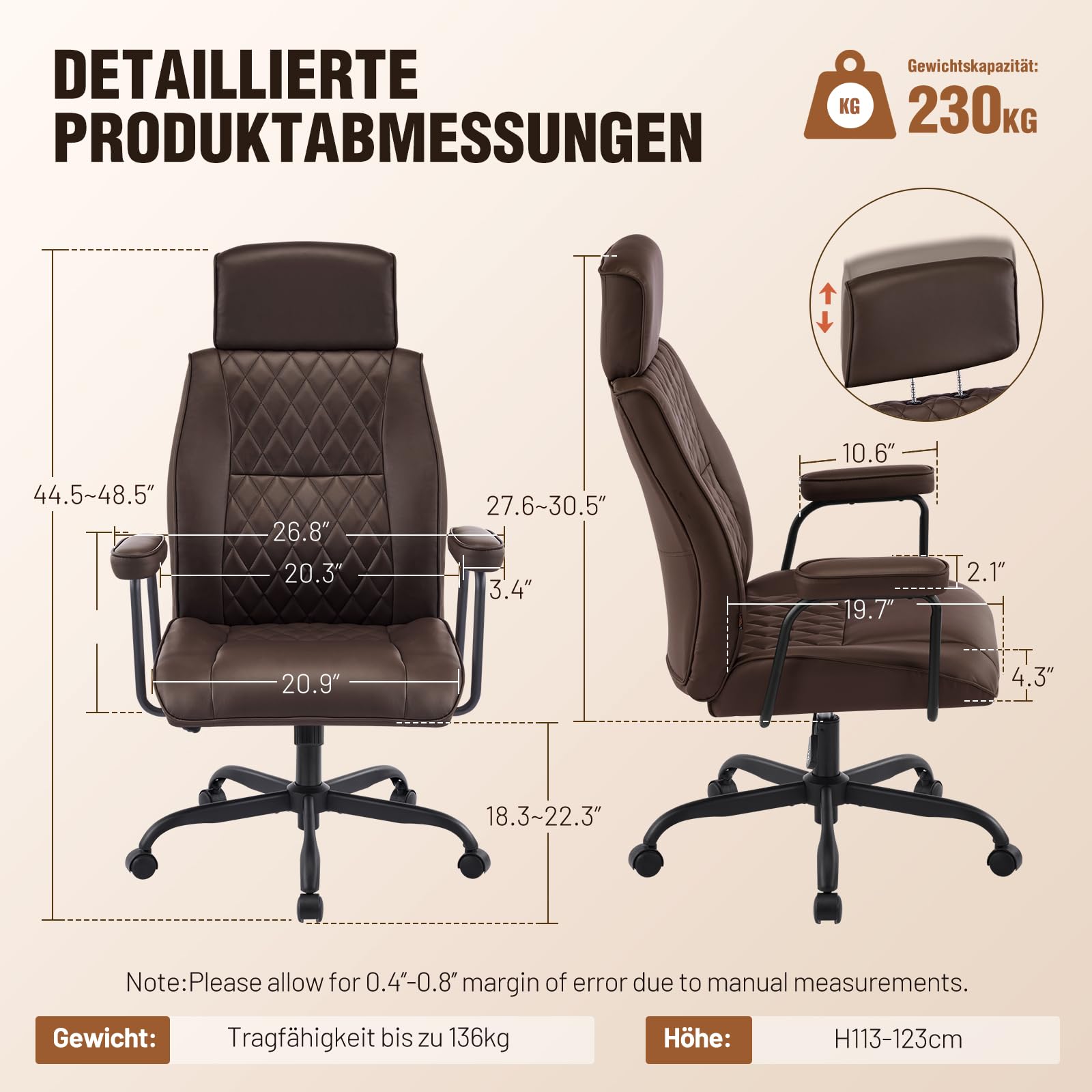 Bürostuhl Ergonomisch, Schreibtischstuhl mit Verstellbarer Kopfstütze, PU Leder Chefsessel mit Gepolsterter Armlehnen und Höhenverstellbar, Neigefunktion, Drehstuhl, Dunkelbraun