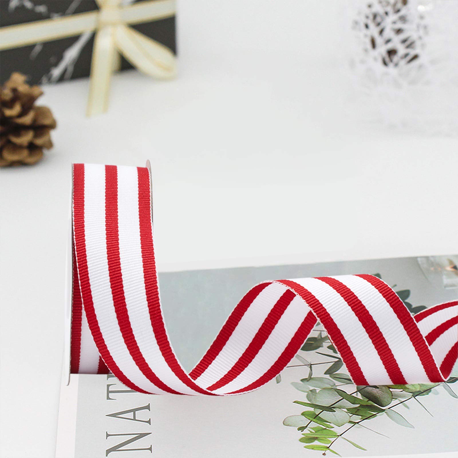 Stoffbänder rot und weiß kariertes Band zum Basteln, Ripsband gestreift für Geschenkverpackungen, 2,5 cm Organza-Punktband, 27,5 m