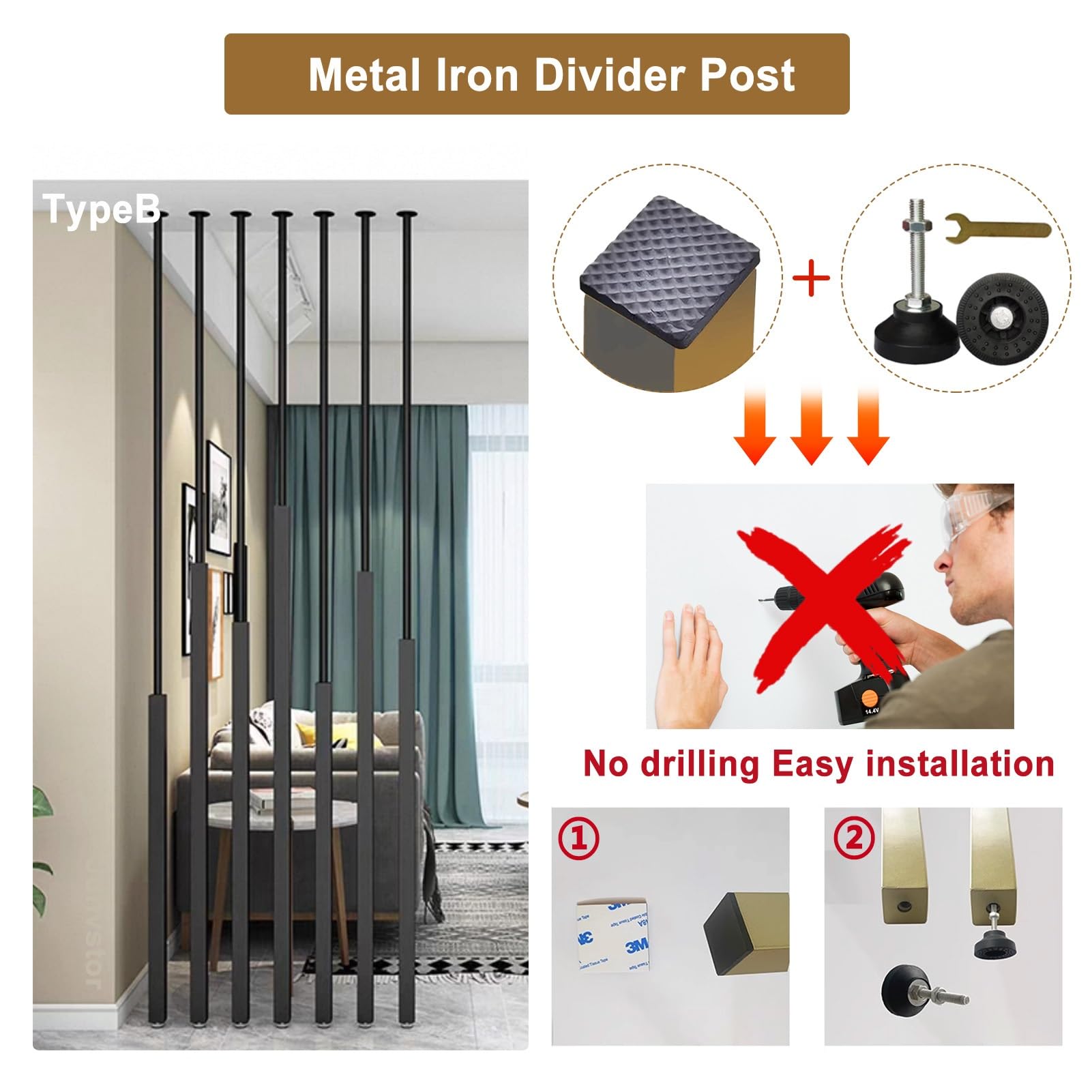 Separador de ambientes de listones de metal, separador de privacidad ajustable para espacios interiores, diseño de poste de hierro negro