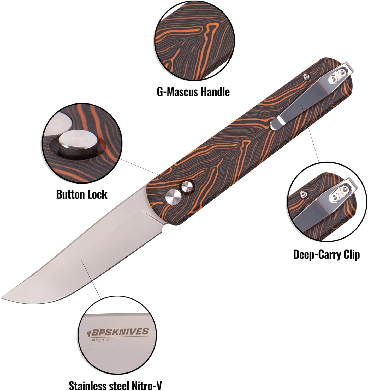 BPSKNIVES Skua - Folding Knife - Nitro-V Stainless Steel Blade with G-Mascus Handle - EDC Knife with Pocket Clip for Men - Sharp EDC Knife
