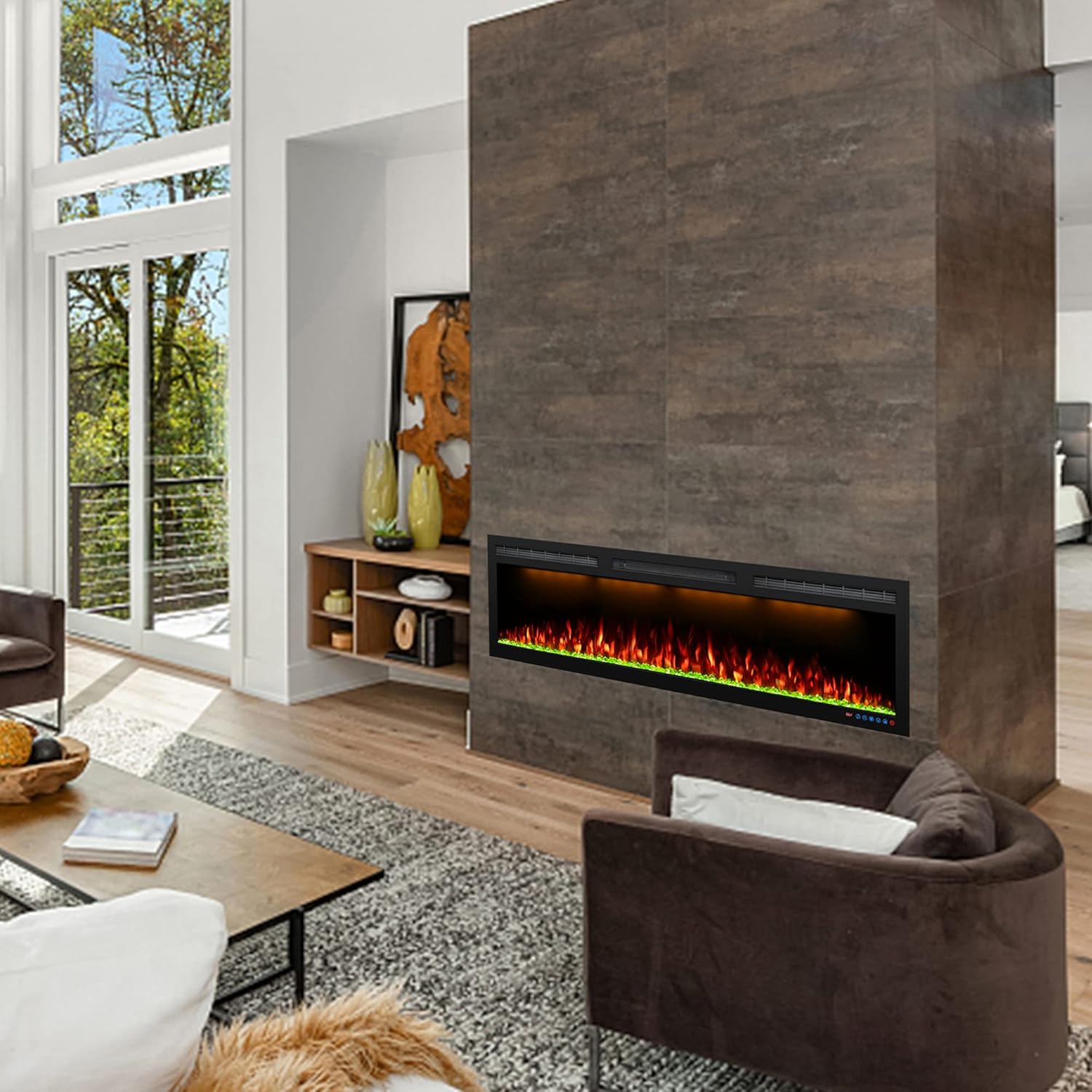 Image showing the electric fireplace in a bedroom setting with text indicating 'Comfortable Heat with Low Noise' and '2 Heat Option 750W(L)/1500W(H)'.
