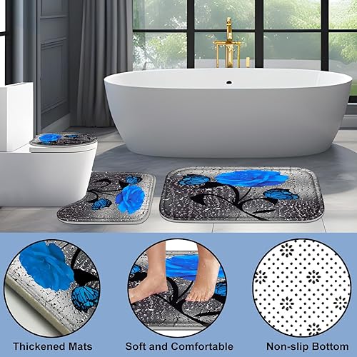 Miniatura 4 de Poedist Juego de 4 cortinas de baño con diseño de rosas azules, juego de cortinas de ducha florales con alfombras (tapete de baño, forma de U y