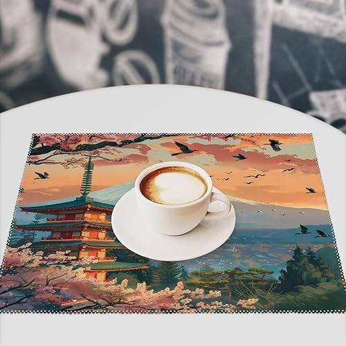 Miniatura 7 de Japanese Temple on Mount Fuji Lake Cherry Flower Placemats Set of 6 Resistant Table Mats Washable Place Mats for Dinner Party Table Decoration