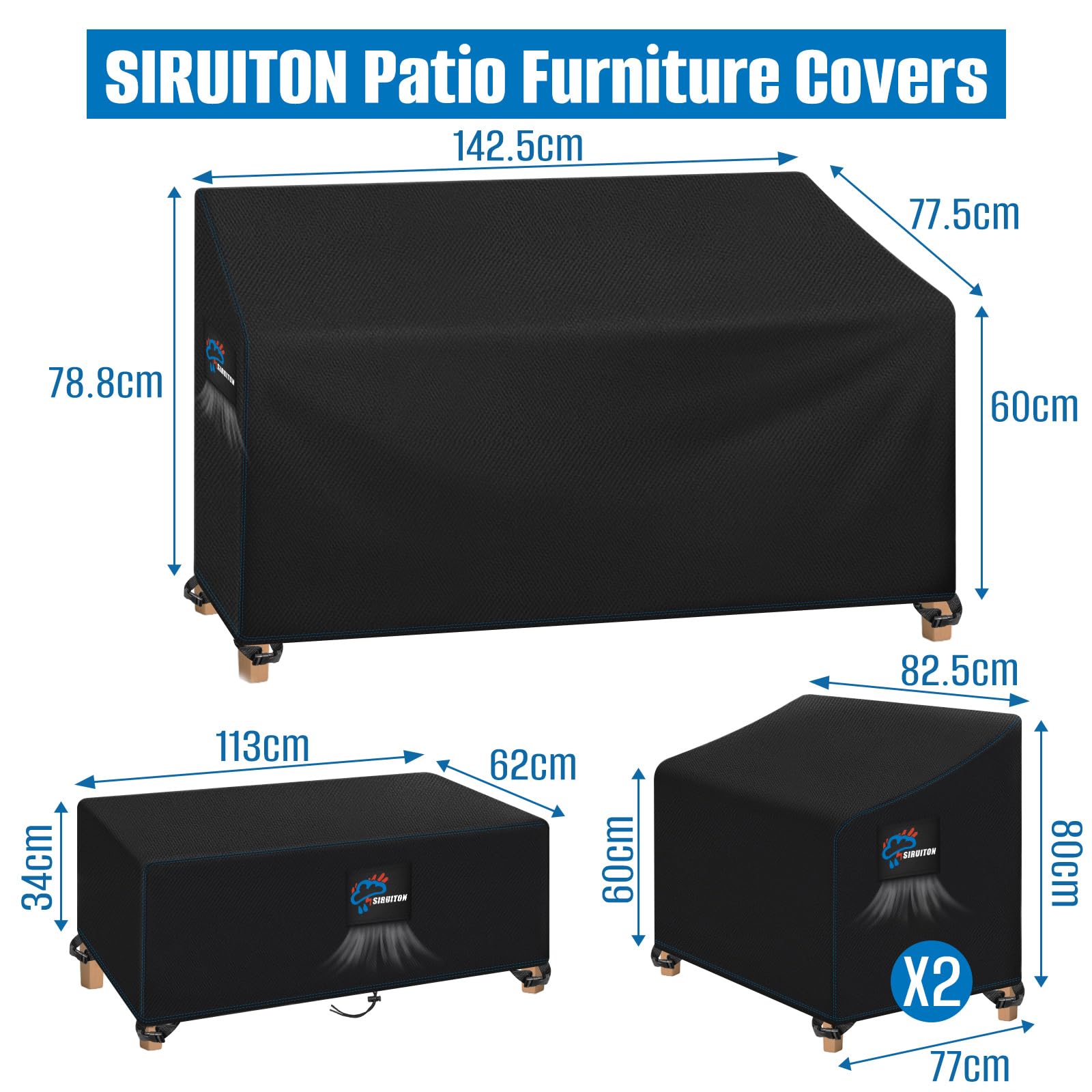 SIRUTON Housse De Meubles De Patio 4 Pièces Véranda Extérieure Ensemble De Housses De Meubles De Jardin De Patio Étanche Meubles Housse, Meubles Bâche Salon de Jardin Imperméable Anti-UV, Noir