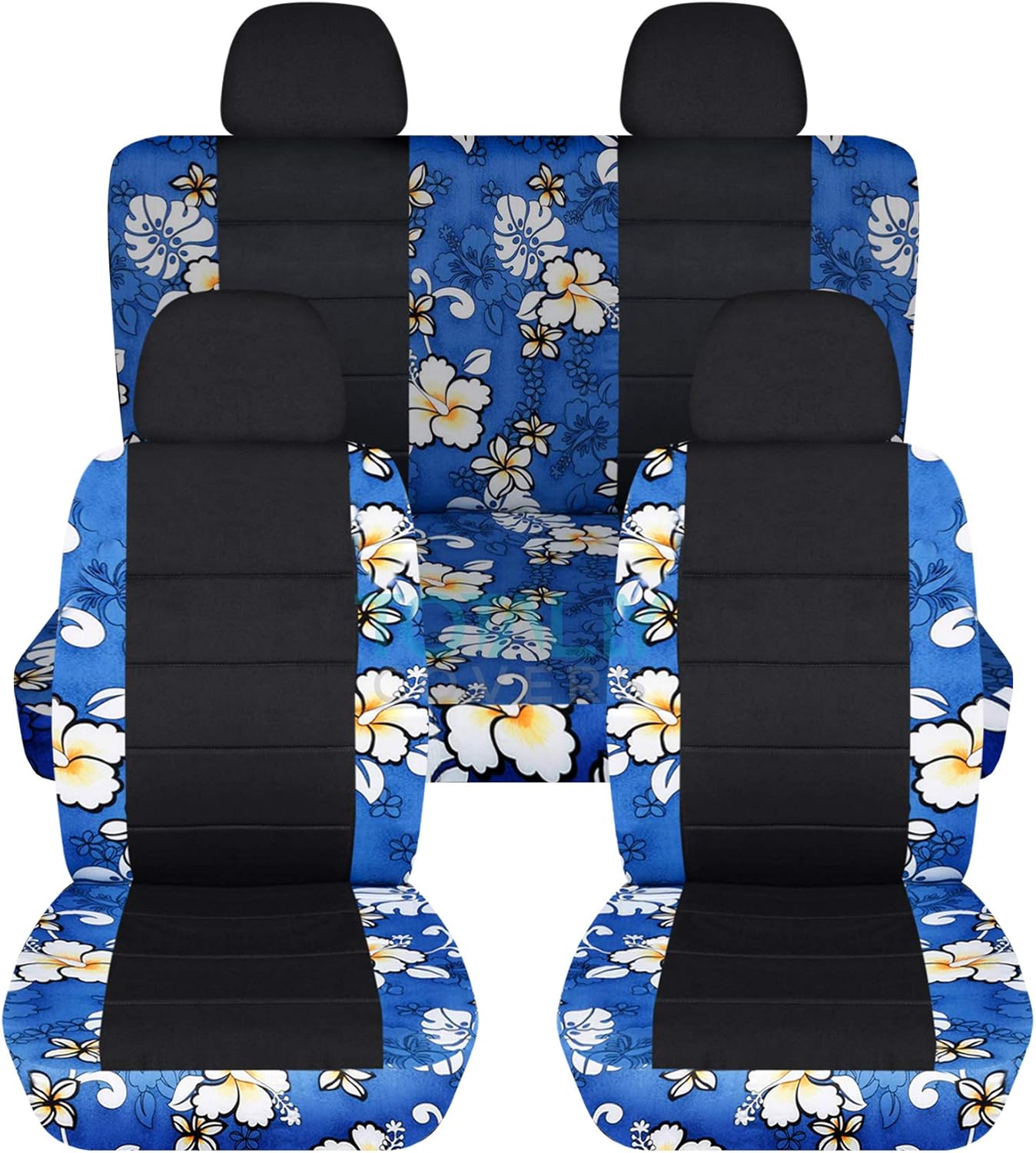 Totally Covers Hawaiian Print & Black Car Seat Covers w 4 (2 Front + 2 Rear) Headrest: Blue w Flowers Universal Fit Full Set Buckets & Bench Option for Airbag/Belt/Armrest/Lever/Split Compatible
